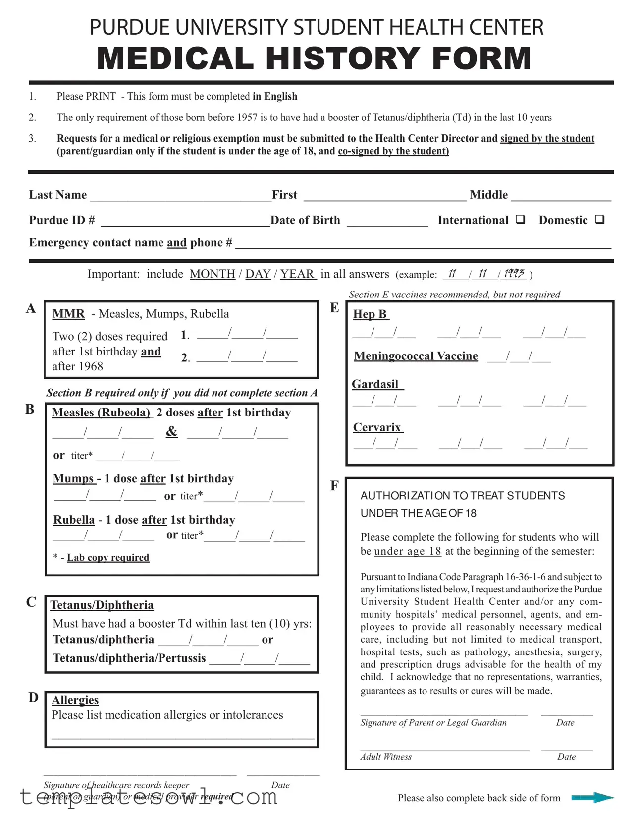 Fill Out Your Purdue University Medical History Form