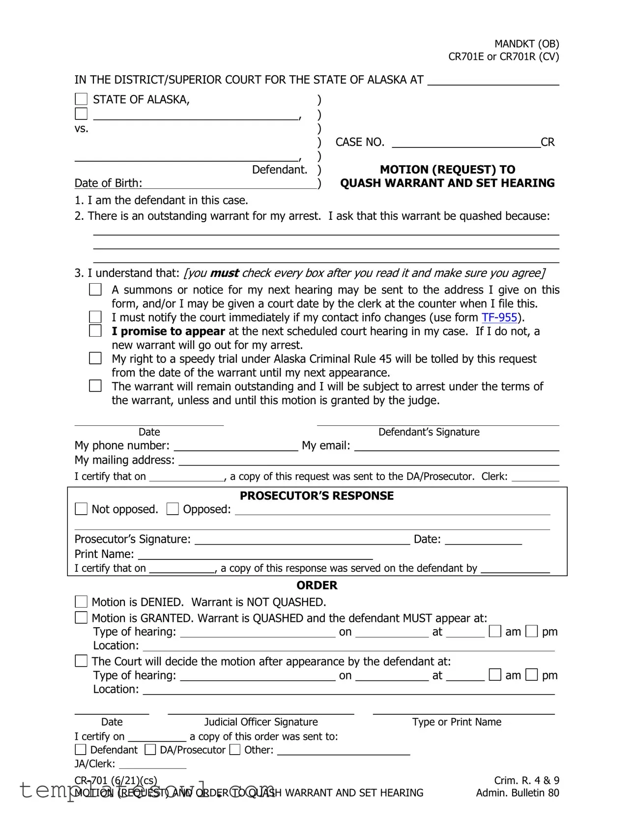 Fill Out Your Quash Warrant Request Form