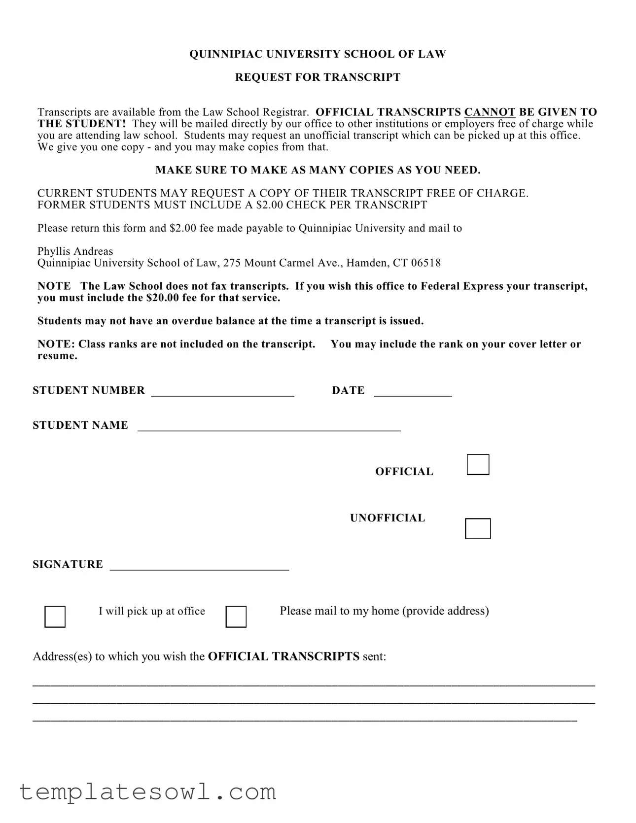 Fill Out Your Quinnipiac Request Transcript Form
