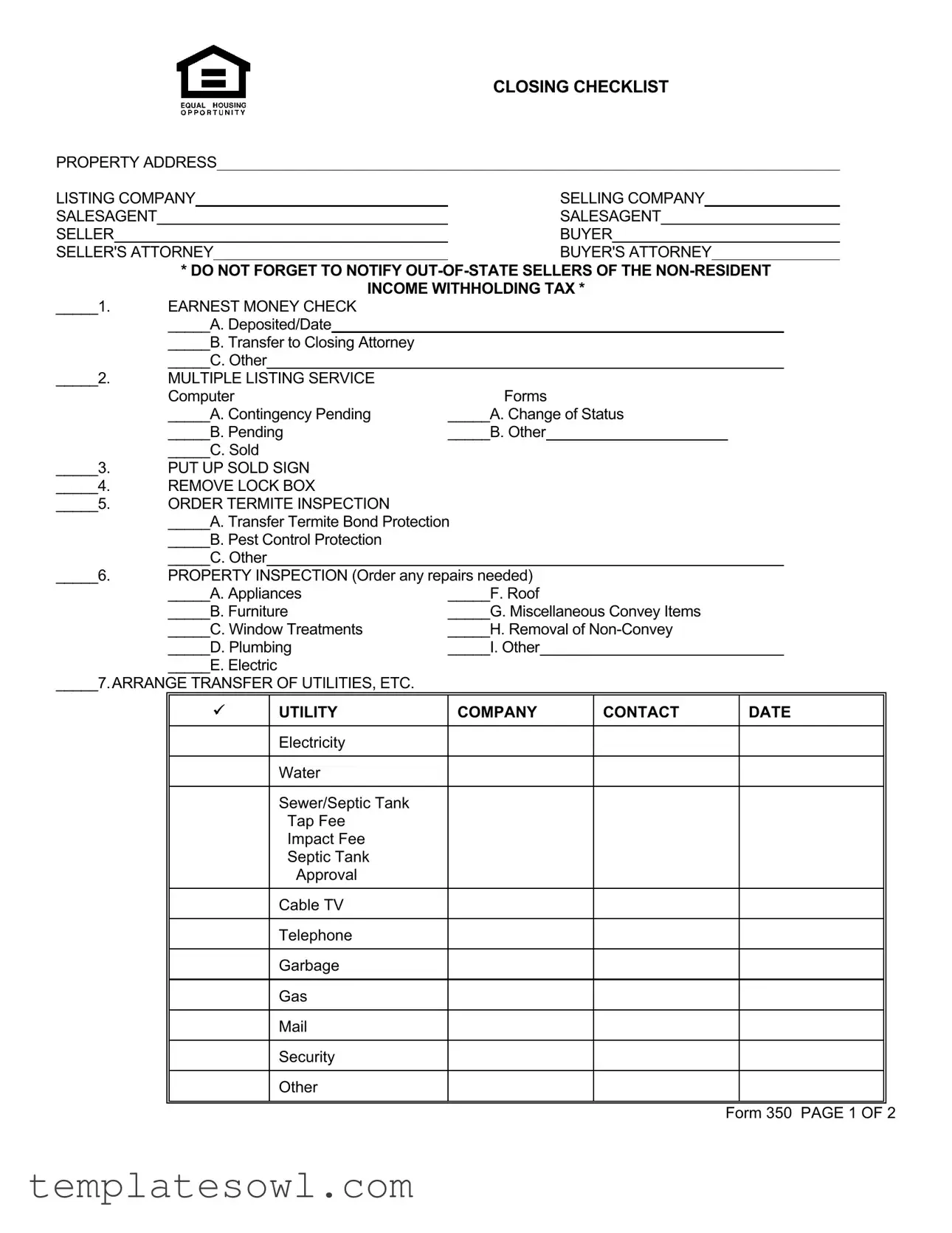 Fill Out Your Real Estate Closing Checklist Form