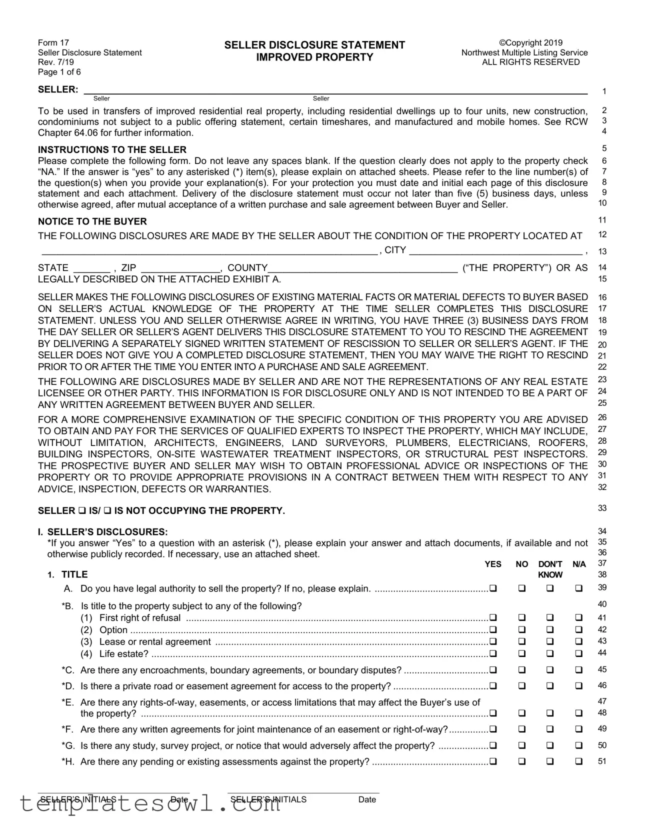 Fill Out Your Real Estate Seller Disclosure 17 Form
