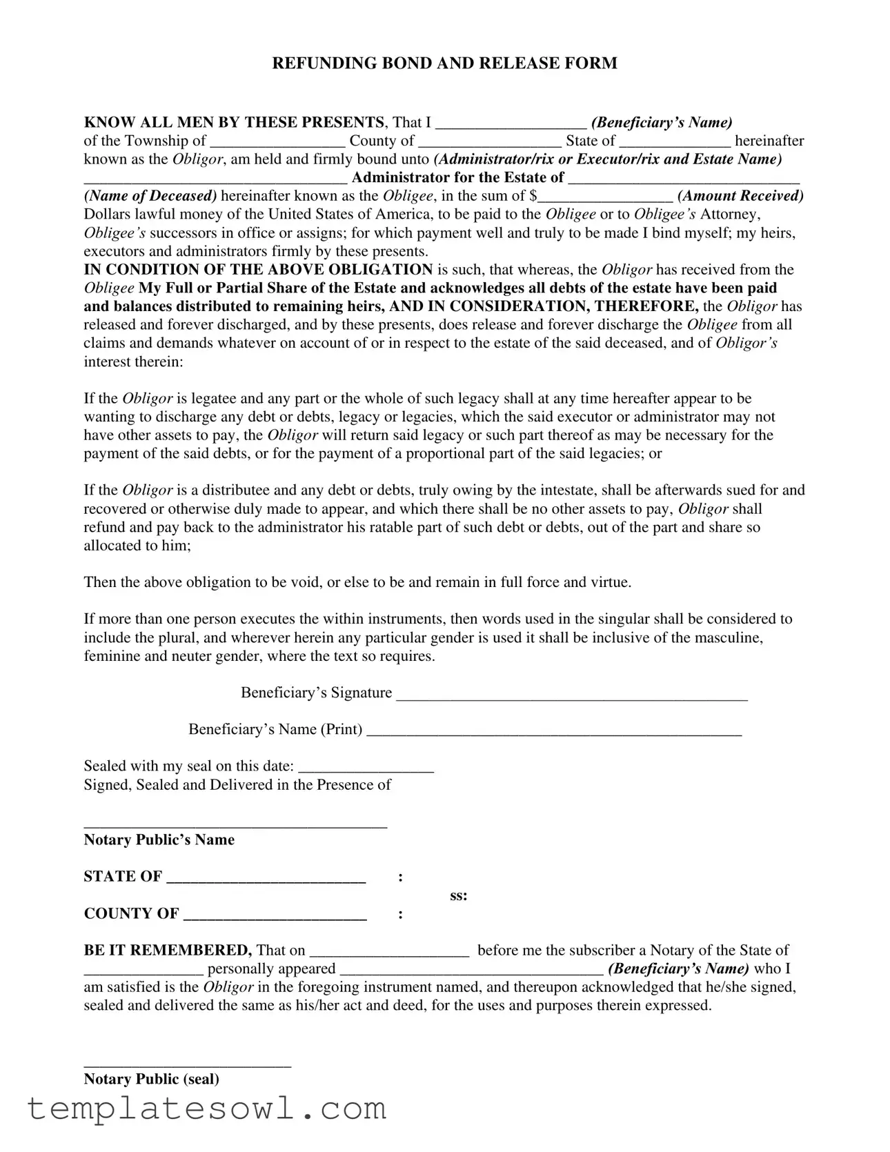 Fill Out Your Refunding Bond And Release Form