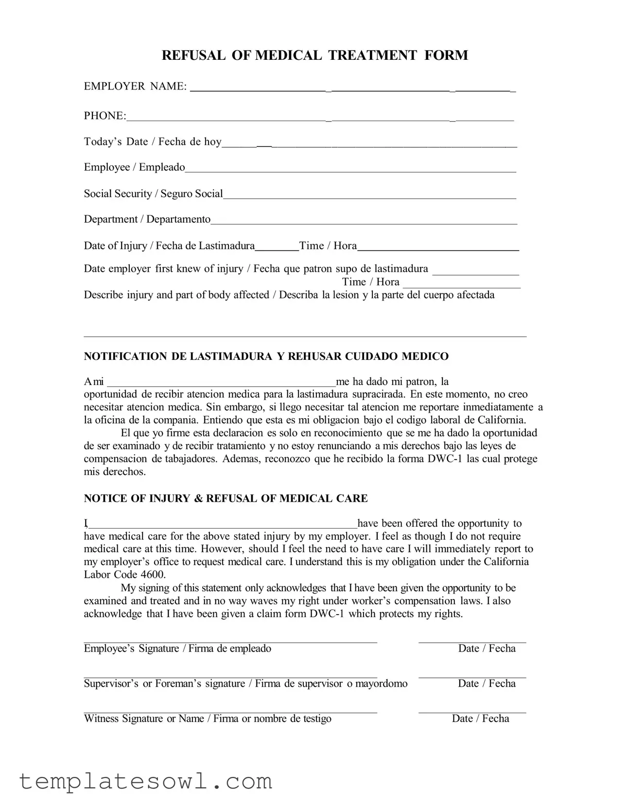 Fill Out Your Refusal Of Medical Treatment Form