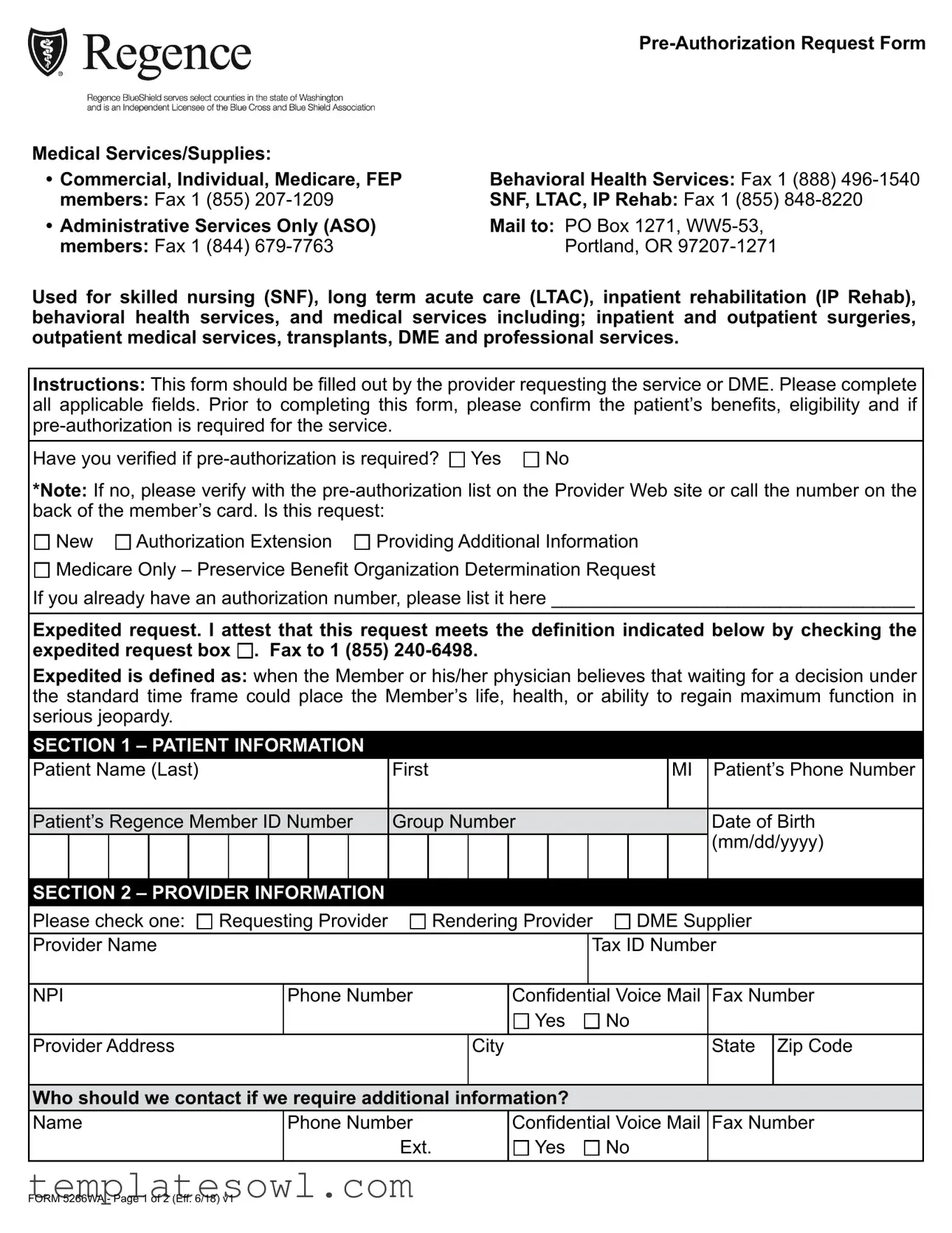 Fill Out Your Regence Blue Cross Authorization Request Form