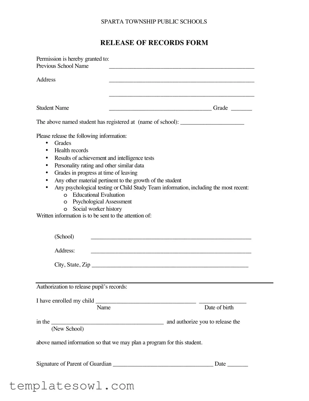 Fill Out Your Release School Records Form