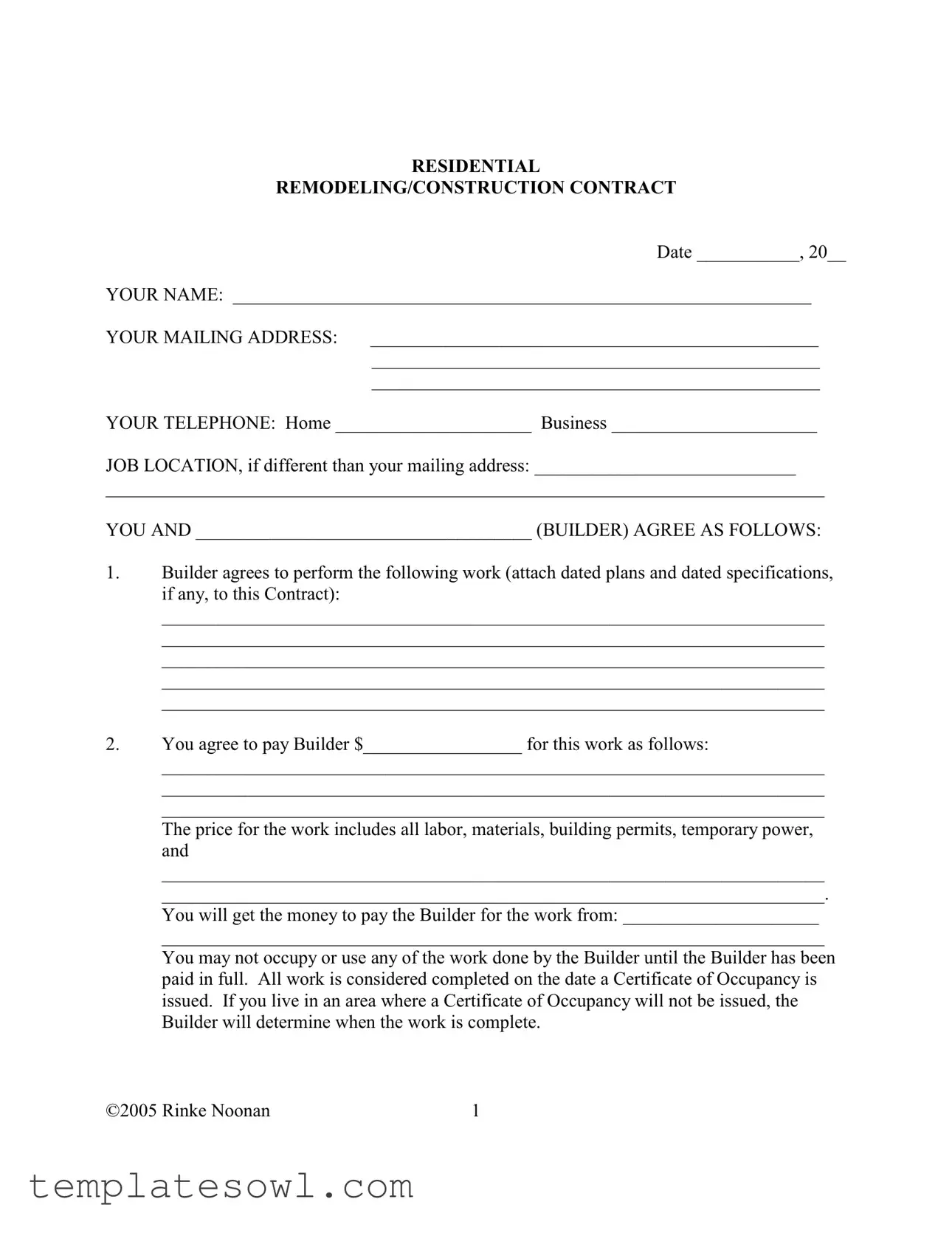 Fill Out Your Remodeling Contract Form