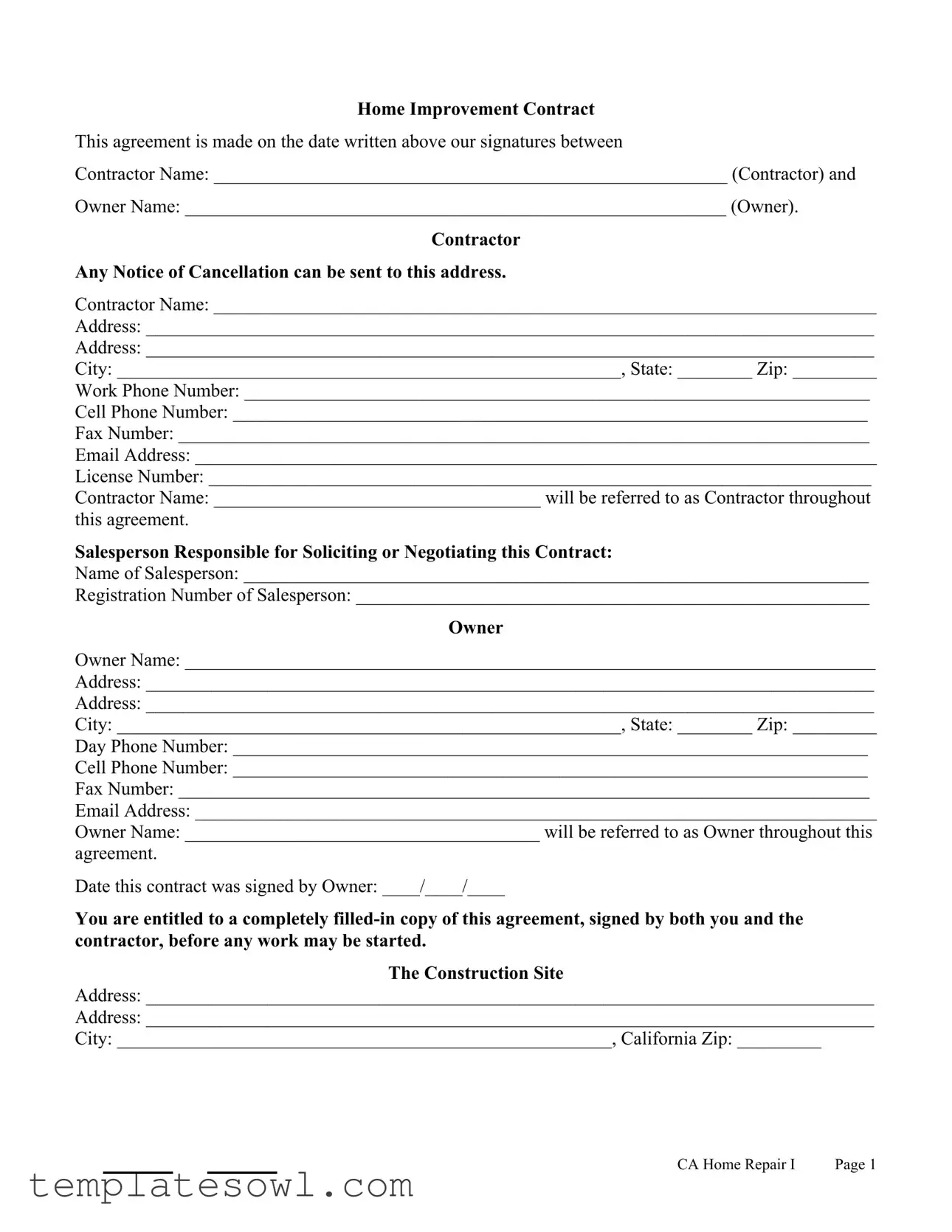 Fill Out Your Repair Contract Form
