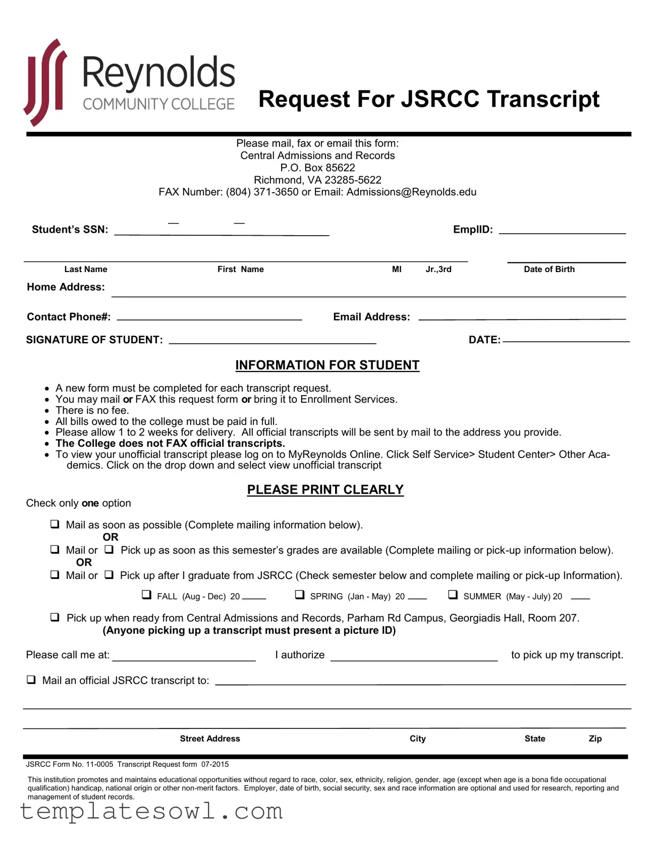 Fill Out Your Request For Jsrcc Transcript Form