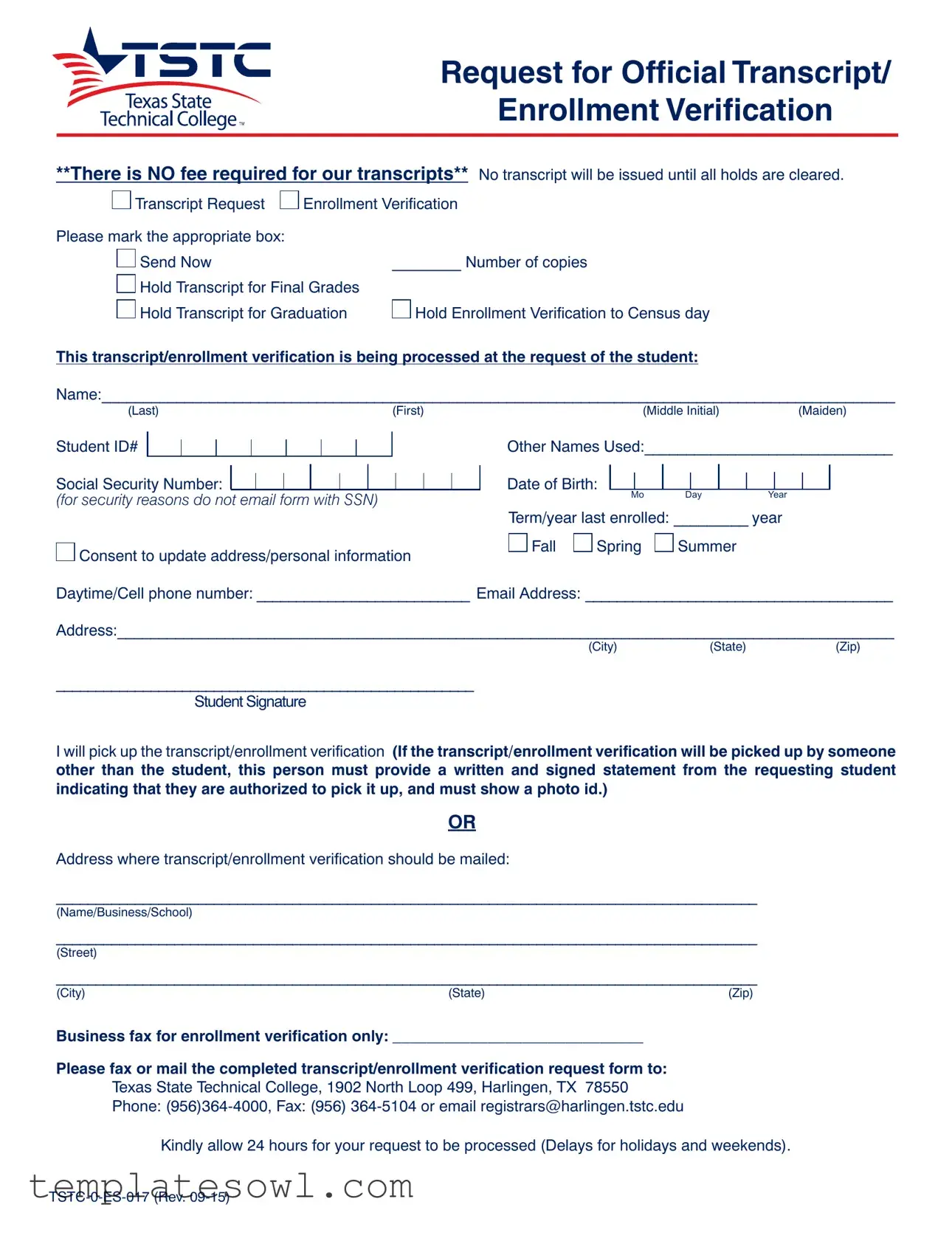 Fill Out Your Request For Transcript Tstc Form