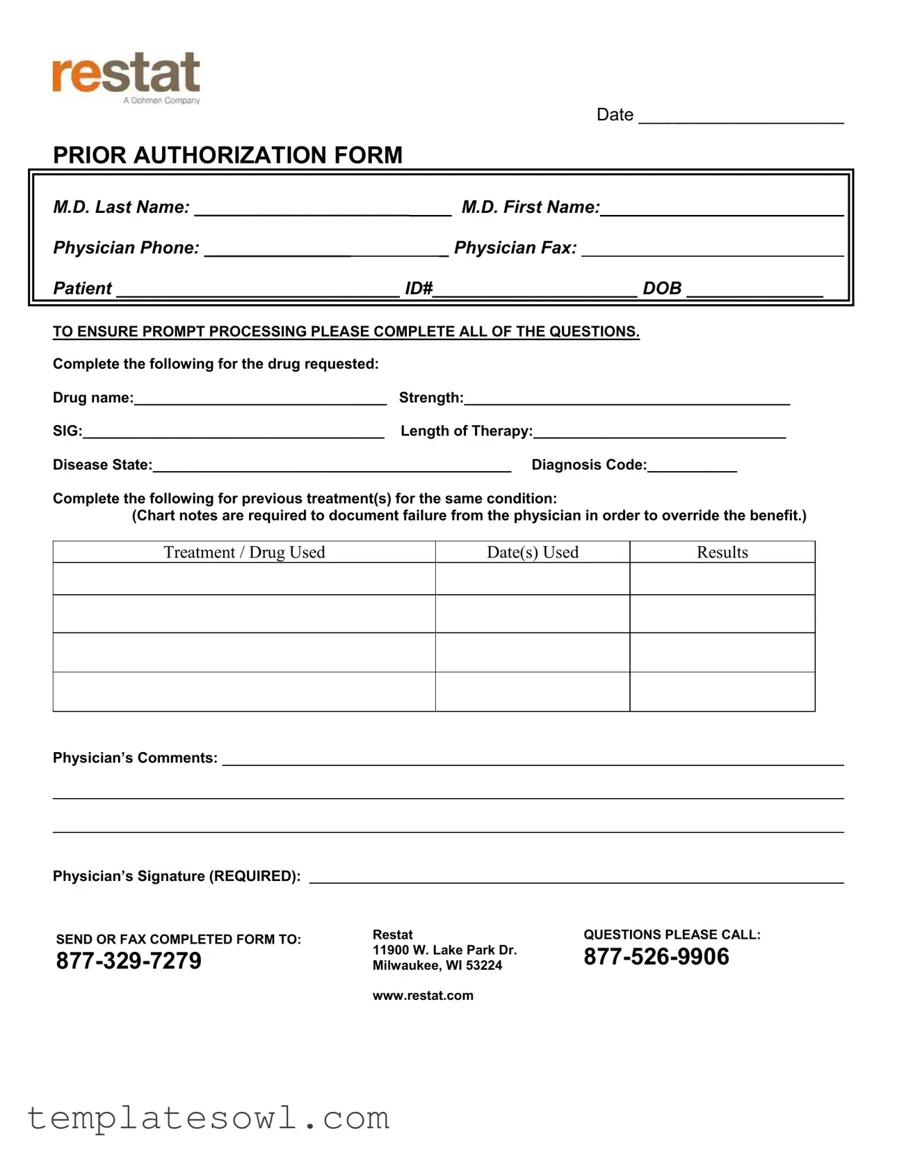 Fill Out Your Restat Prior Authorization Form