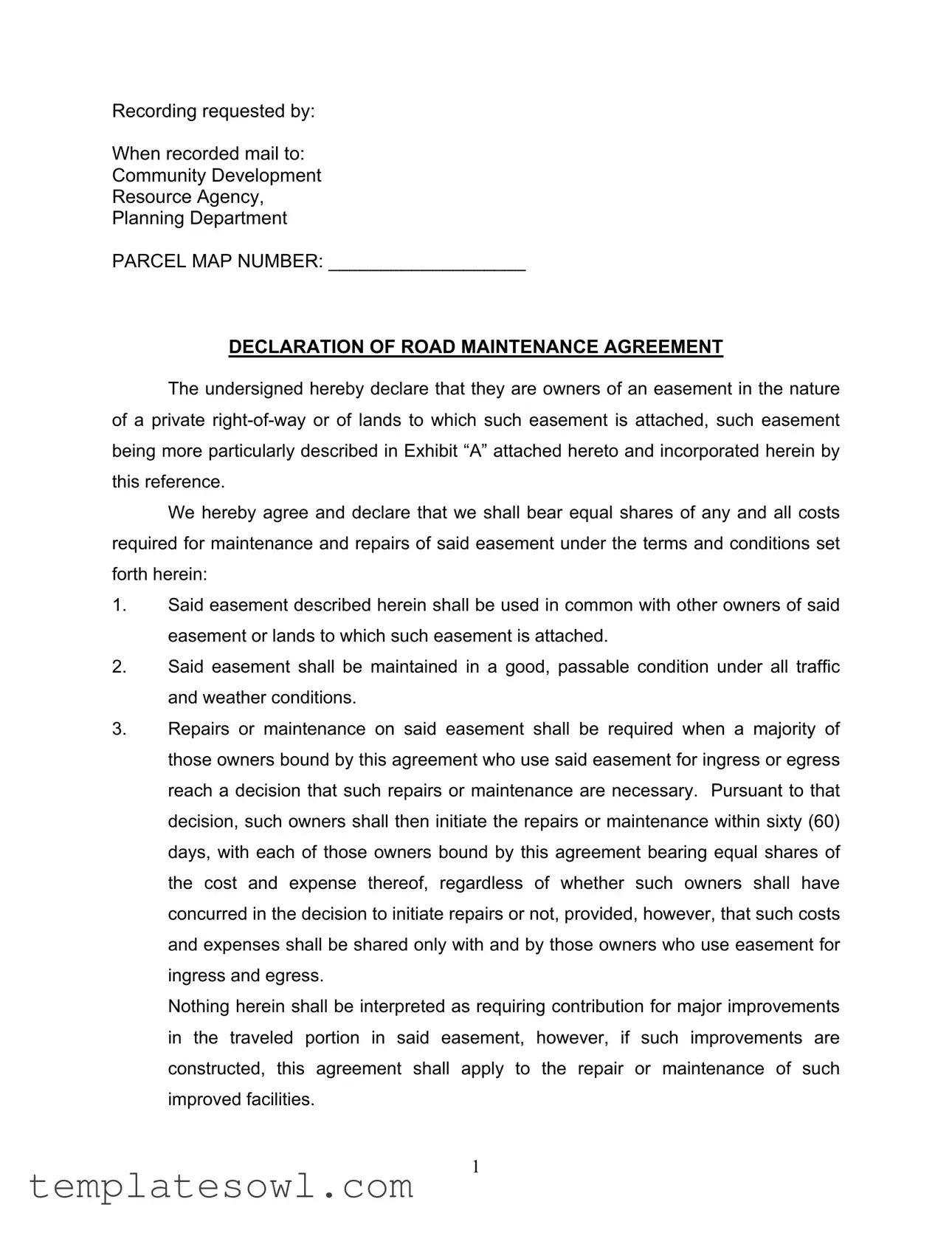 Fill Out Your Road Maintenance Agreement Form
