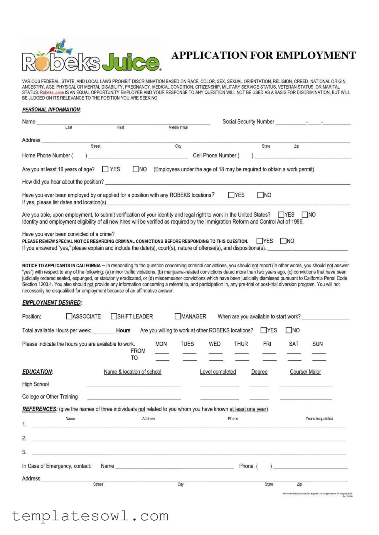 Fill Out Your Robeks Juice Application Form