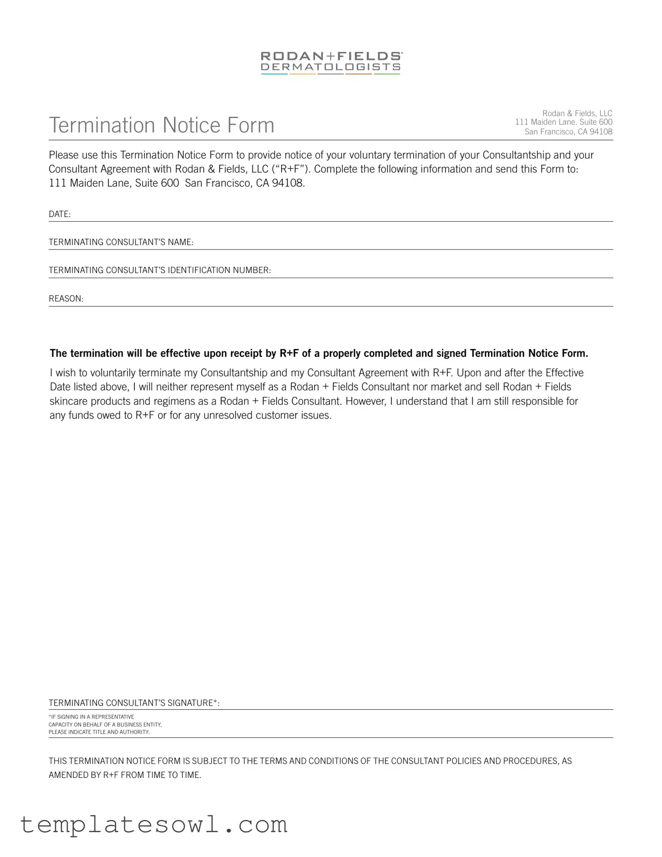 Fill Out Your Rodan And Fields Termination Notice Form