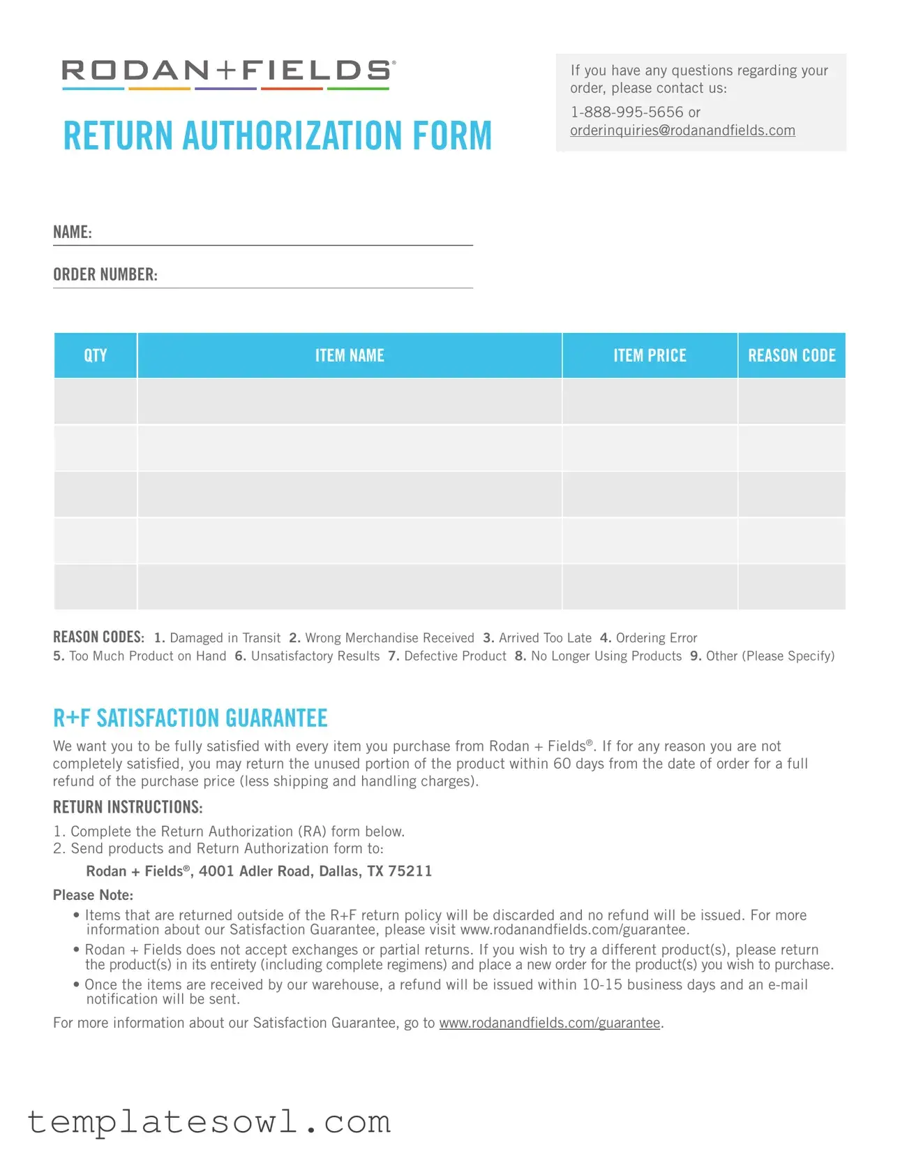 Fill Out Your Rodan Fields Return Authorization Form