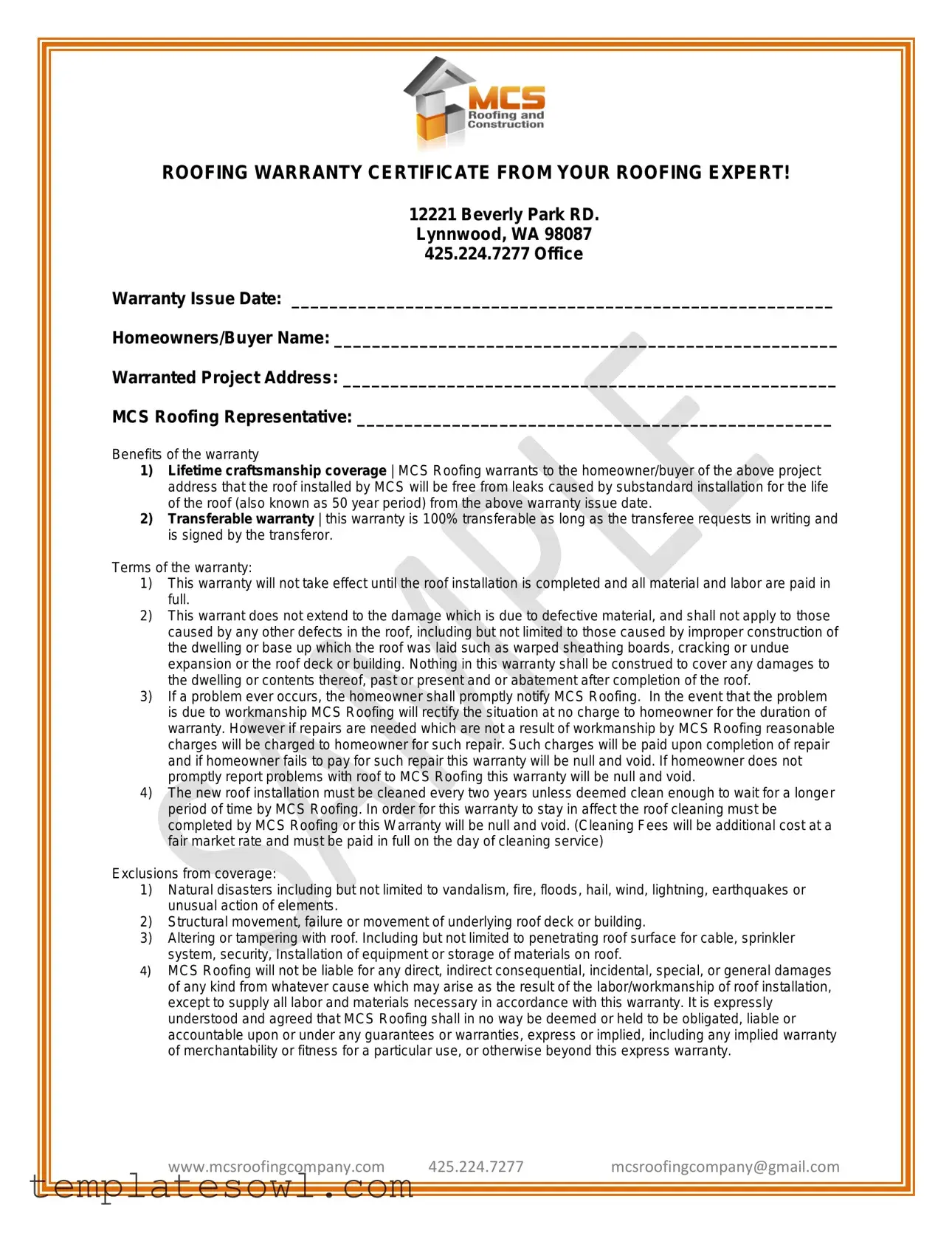 Fill Out Your Roofing Warranty Certificate Form
