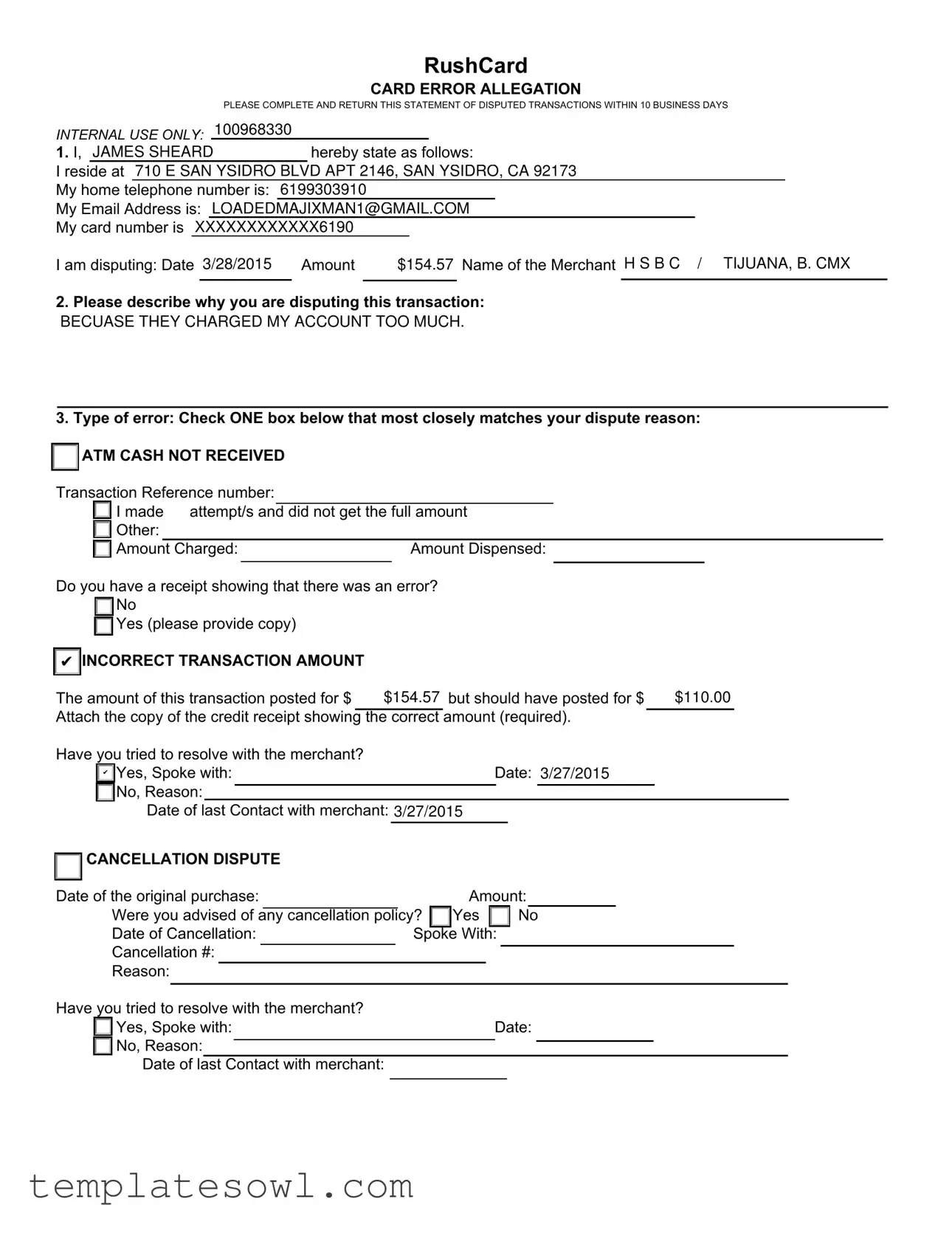 Fill Out Your Rush Card Dispute Form