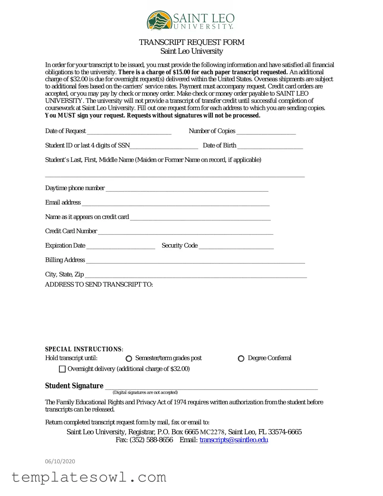 Fill Out Your Saint Leo Transcript Request Form