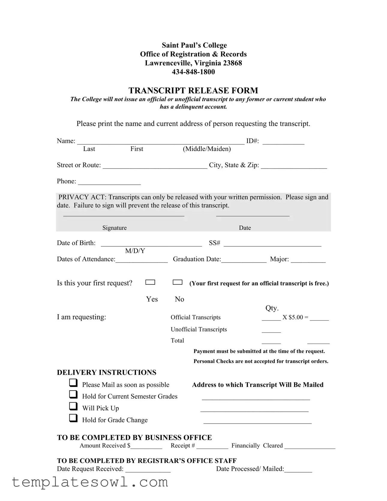Fill Out Your Saint Pauls College Transcript Release Form