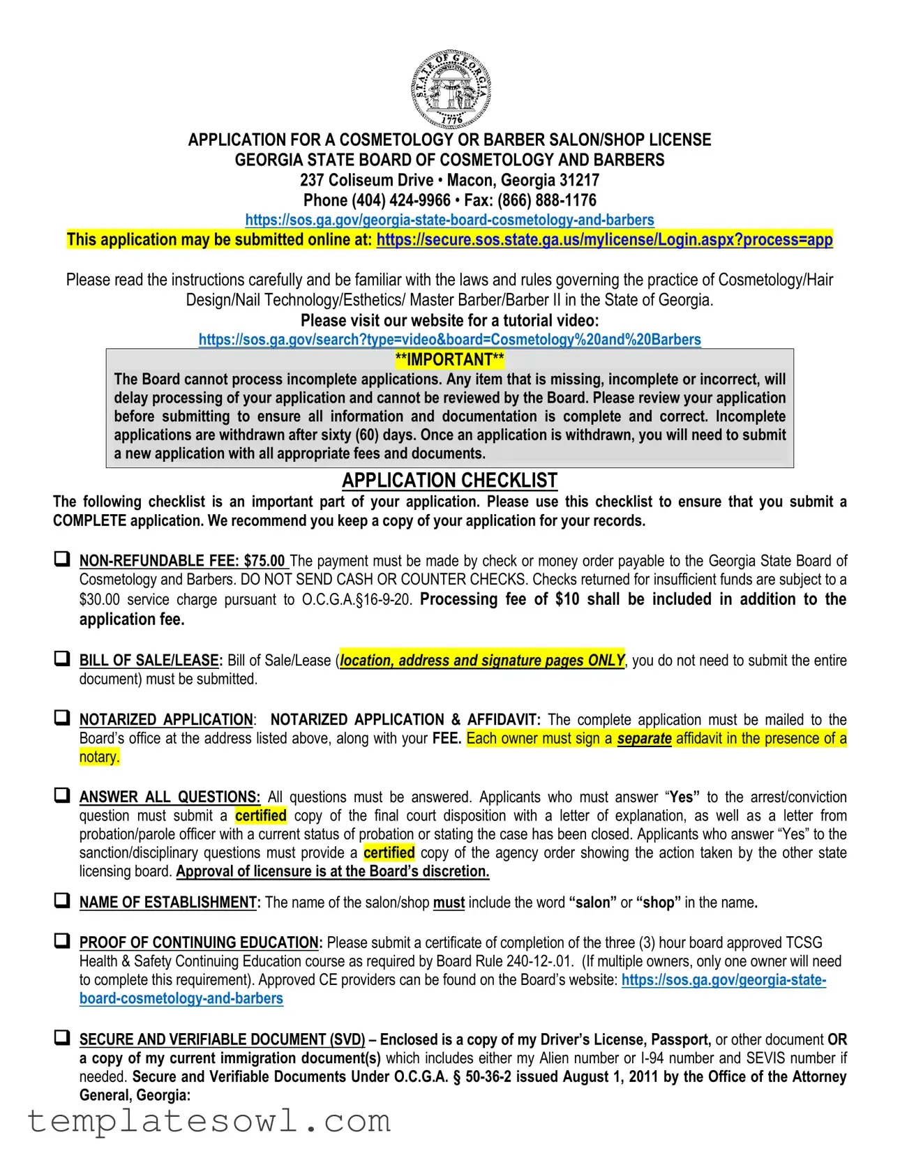 Fill Out Your Salon License Ga Form
