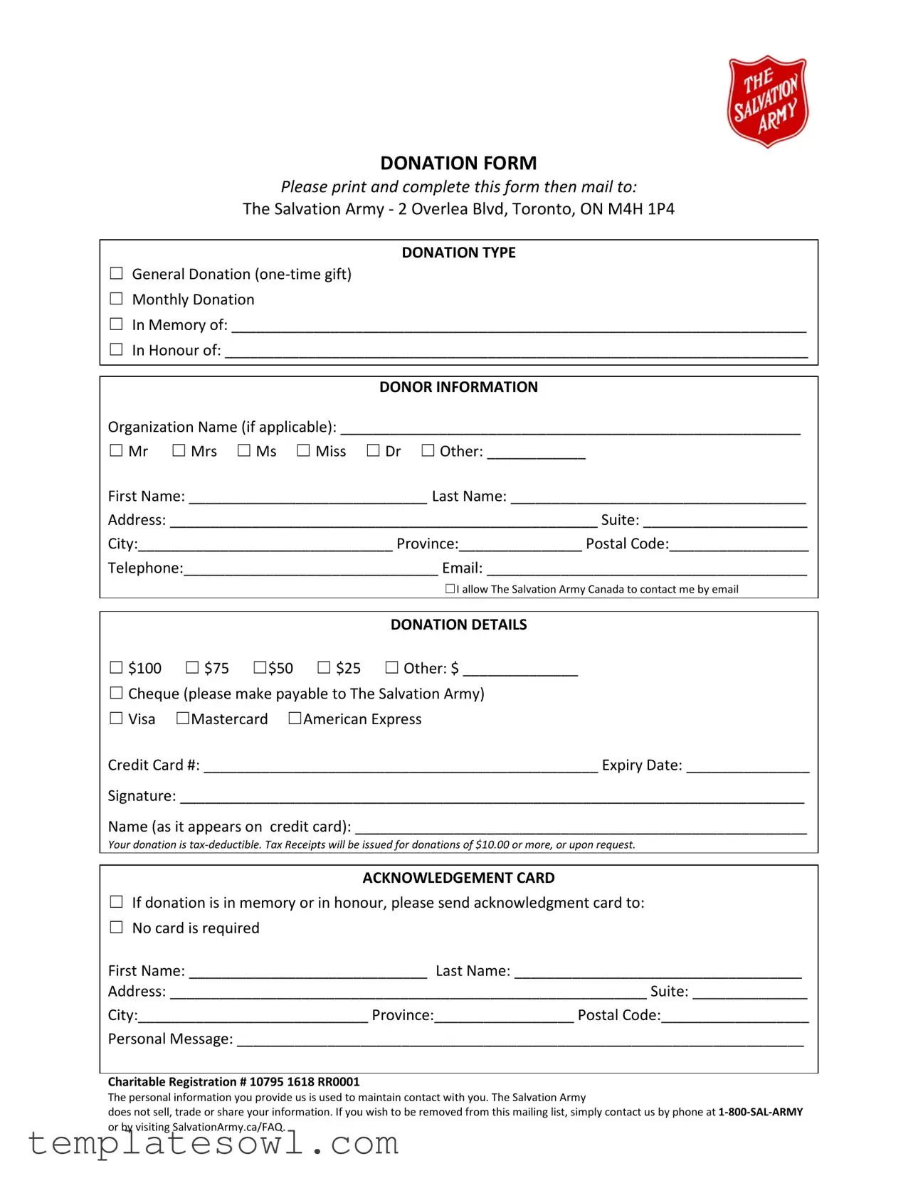 Fill Out Your Salvation Army Tax Receipt Form