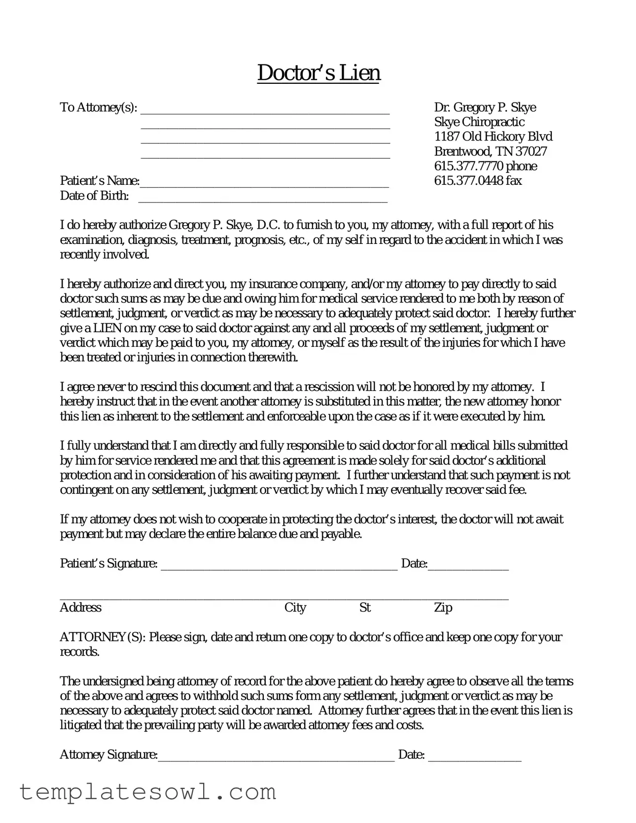 Fill Out Your Sample Doctors Lien Form
