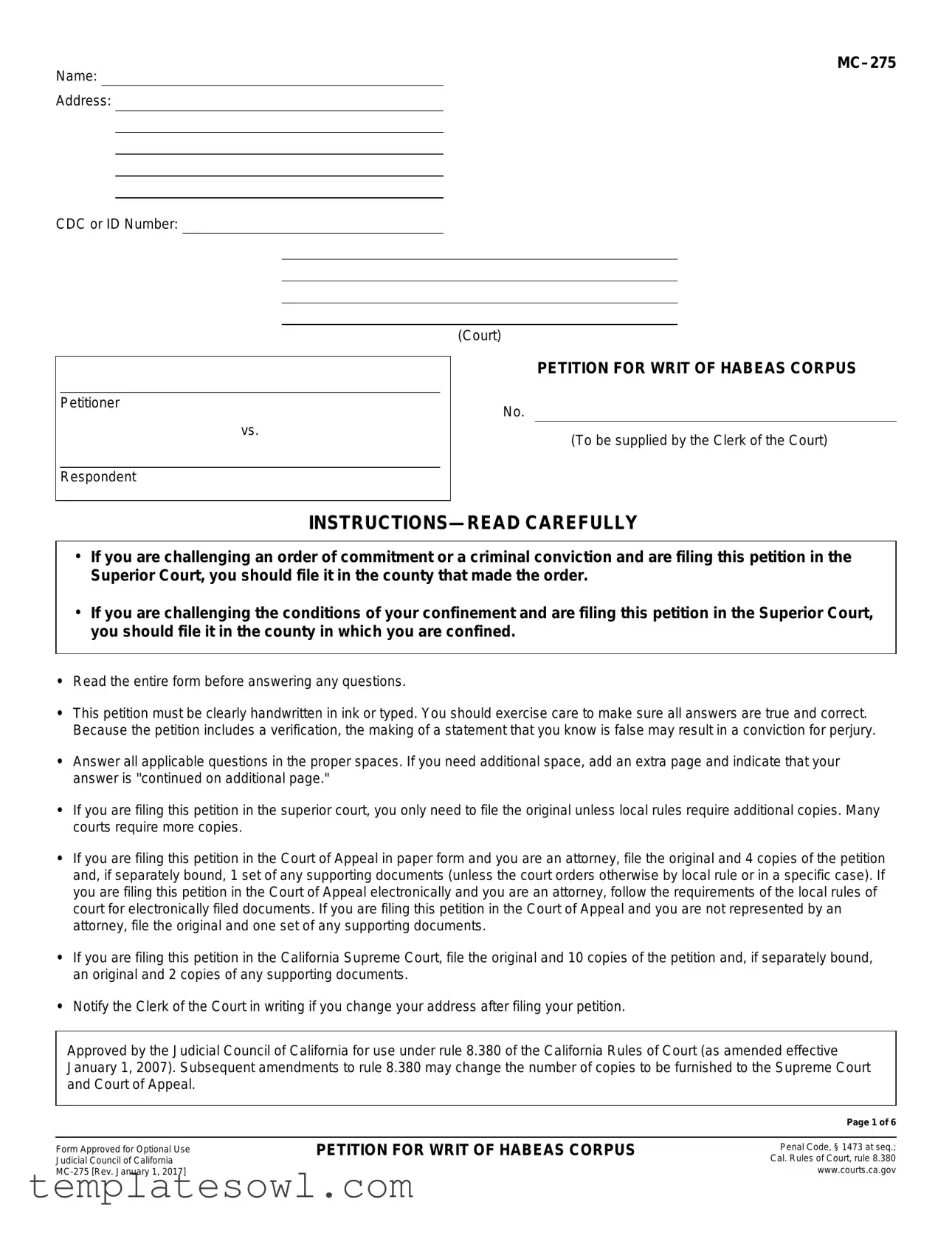 Fill Out Your Sample Petition For Writ Of Habeas Form