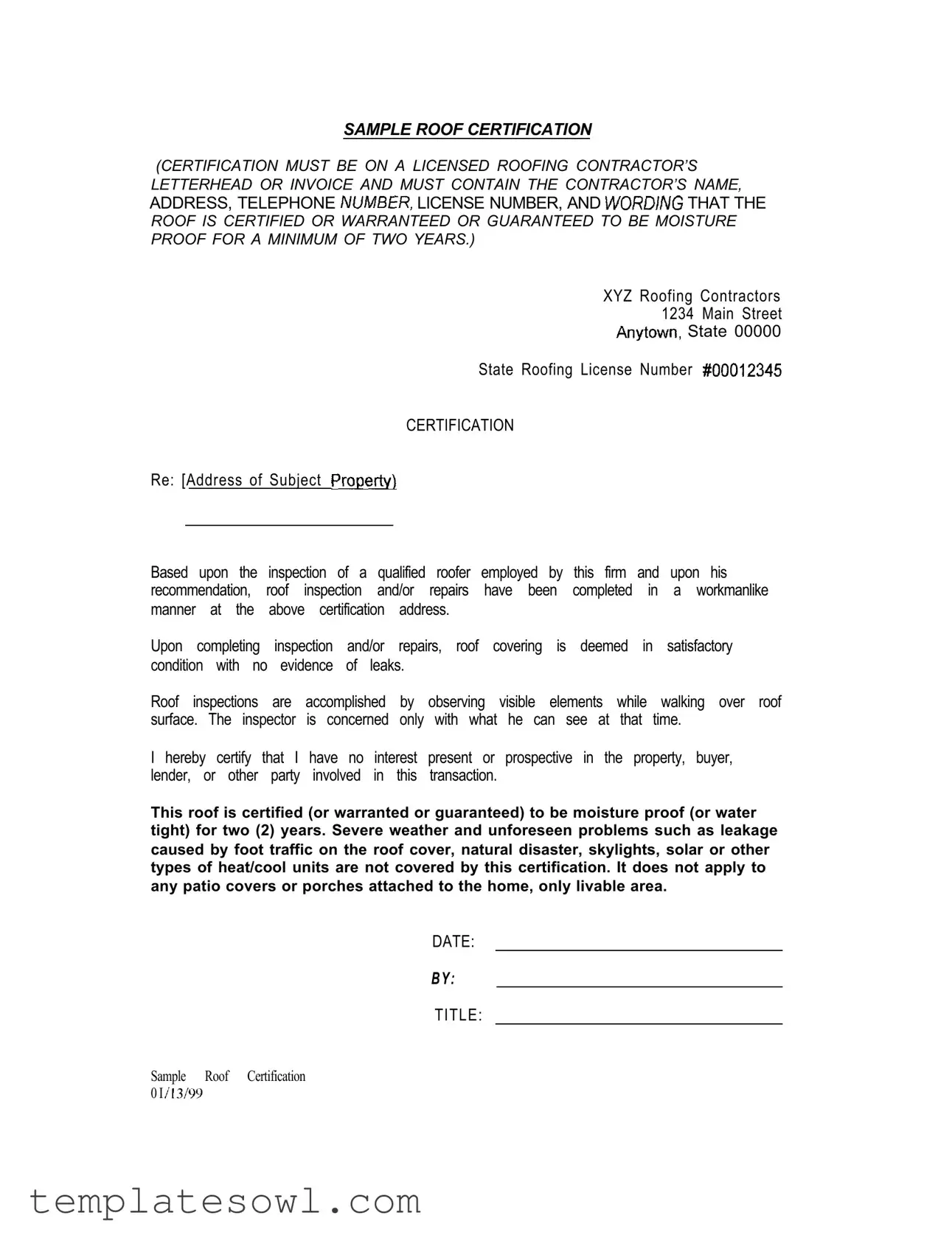 Fill Out Your Sample Roof Certification Form