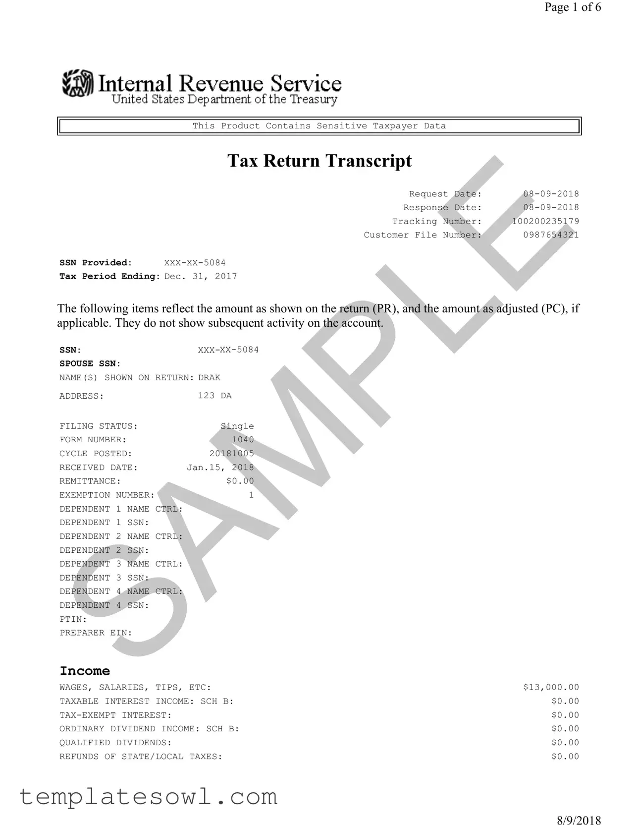 Fill Out Your Sample Tax Return Transcript Form