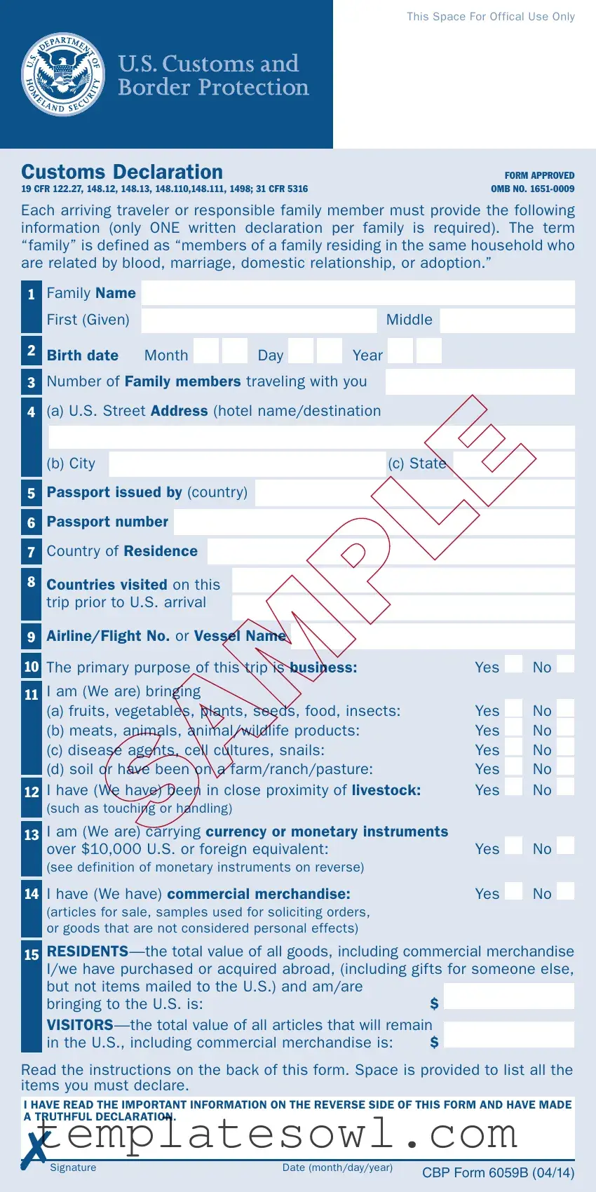 Fill Out Your Sample Us Customs Form