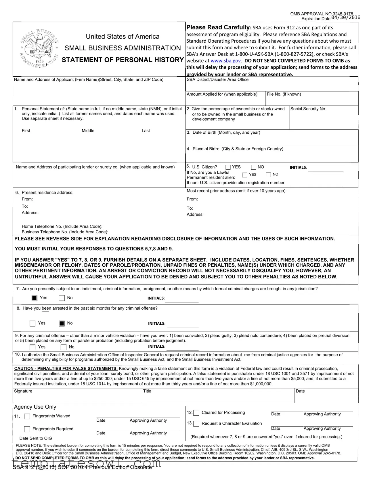 Fill Out Your Sba 912 Form