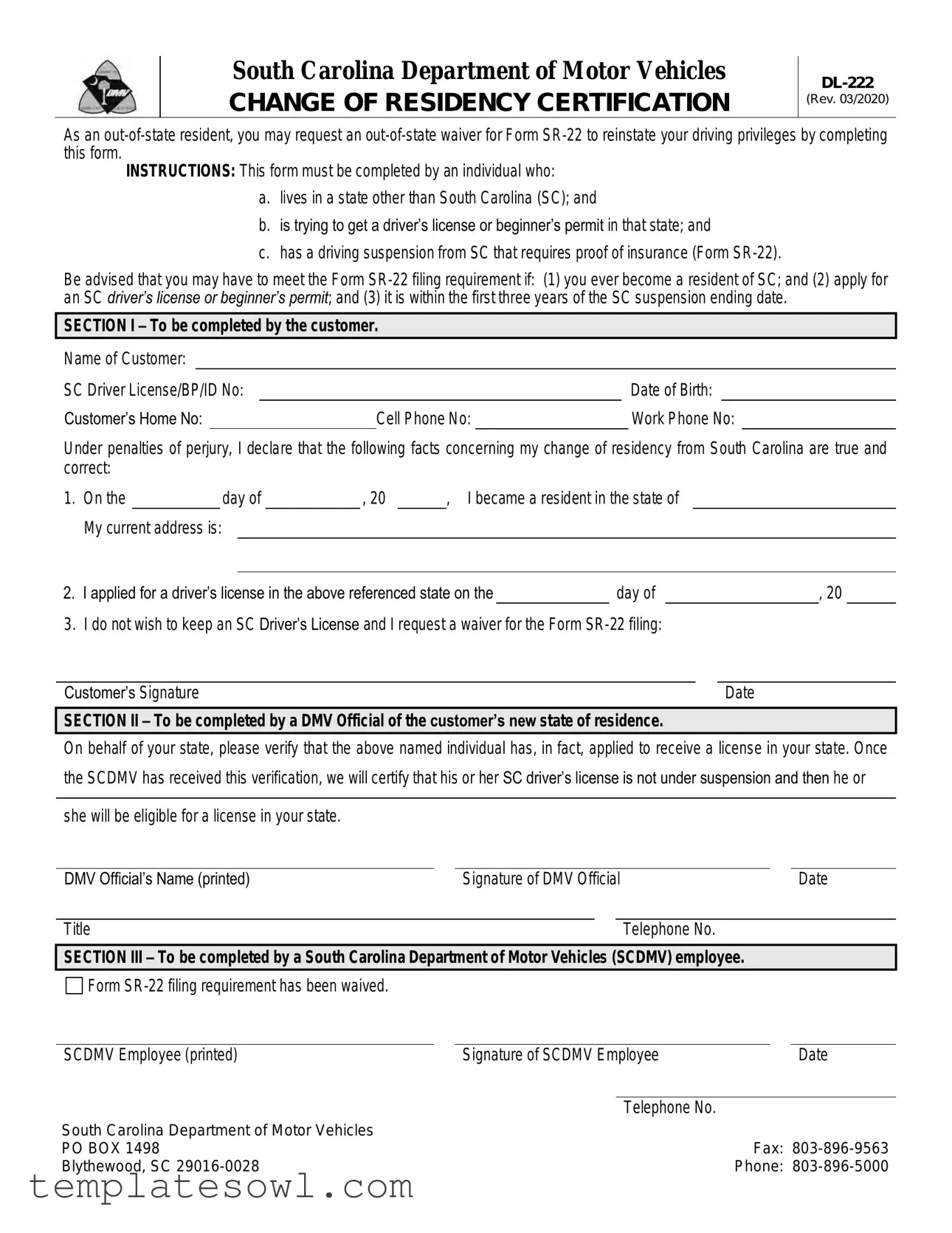Fill Out Your Sc Dl 222 Form