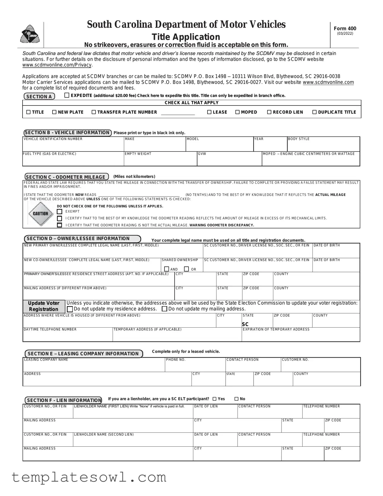 Fill Out Your Sc Dmv 400 Form
