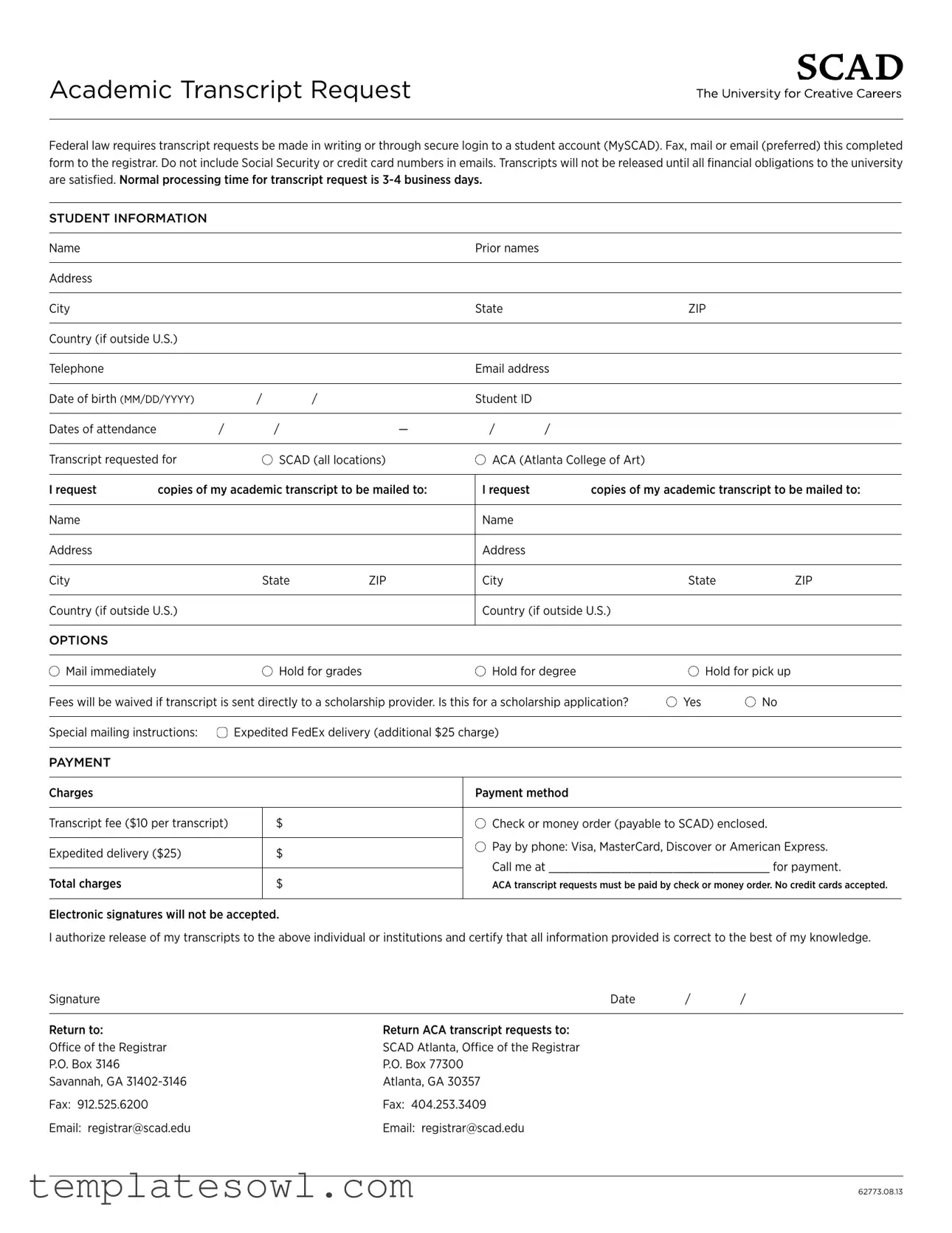 Fill Out Your Scad Academic Transcript Request Form