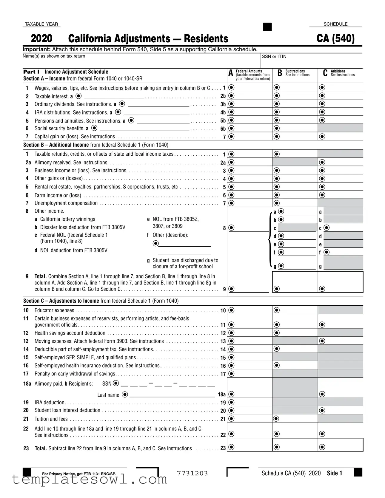 Fill Out Your Schedule California 540 Form