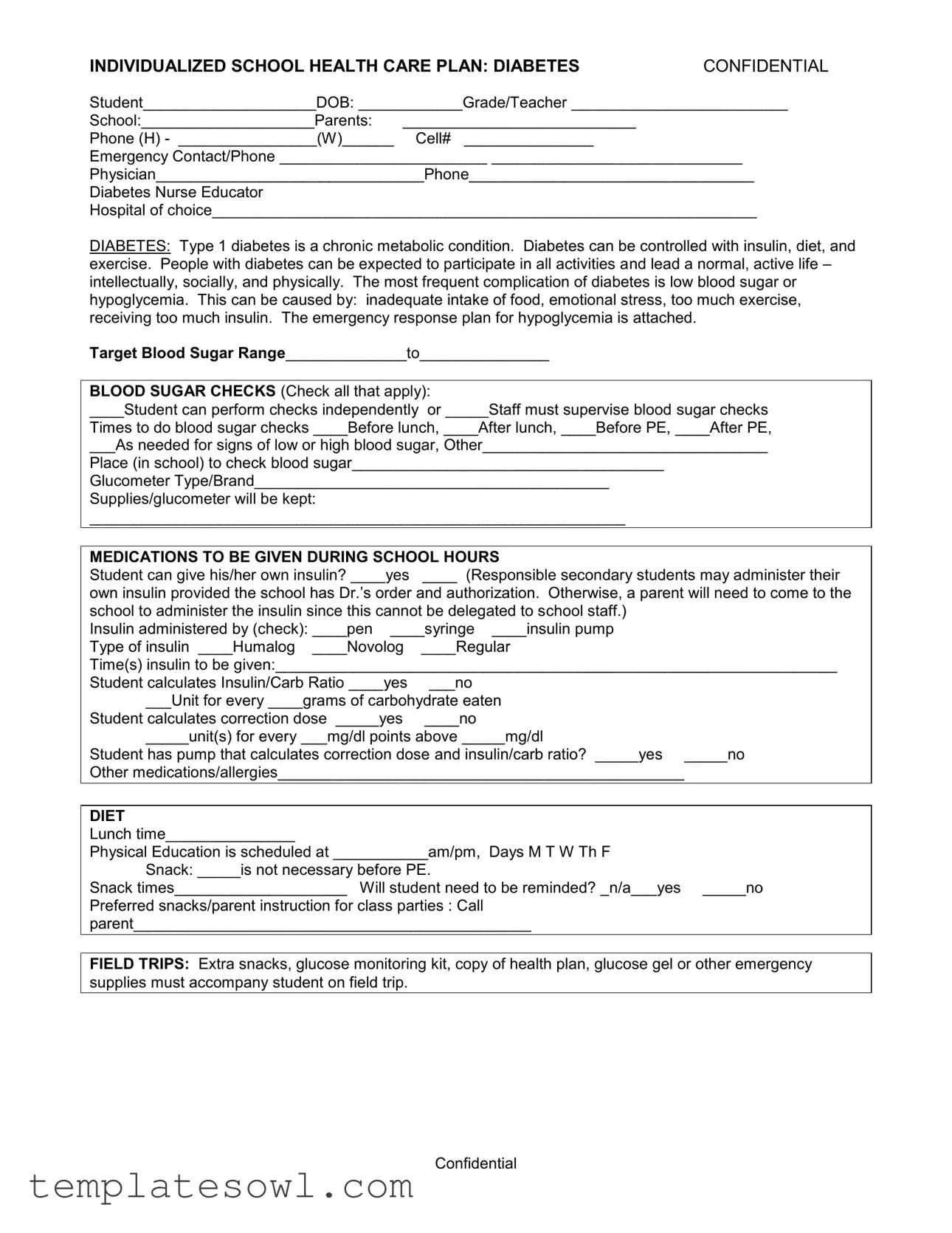Fill Out Your School Care Plan Diabetes Form