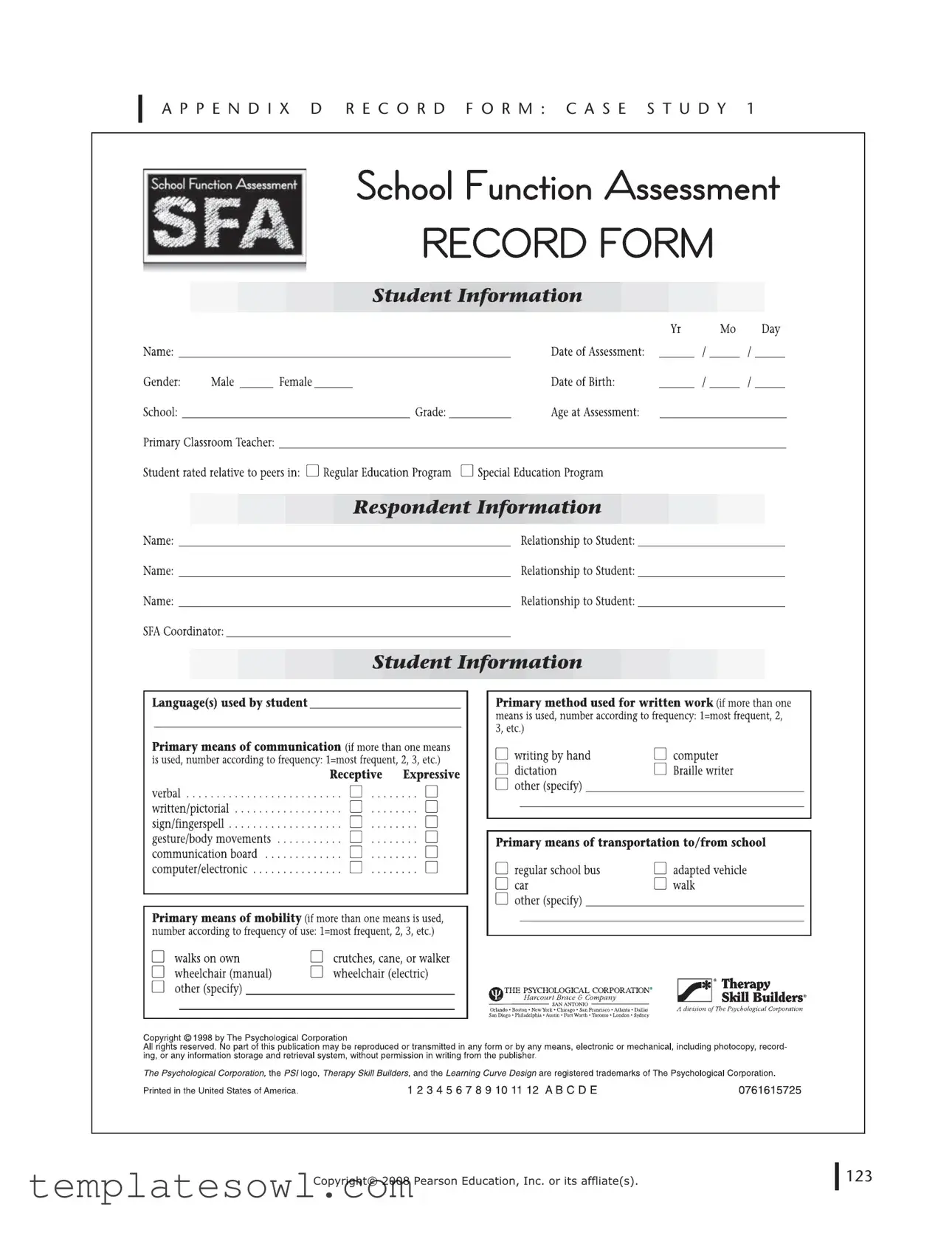 Fill Out Your School Function Assessment Form