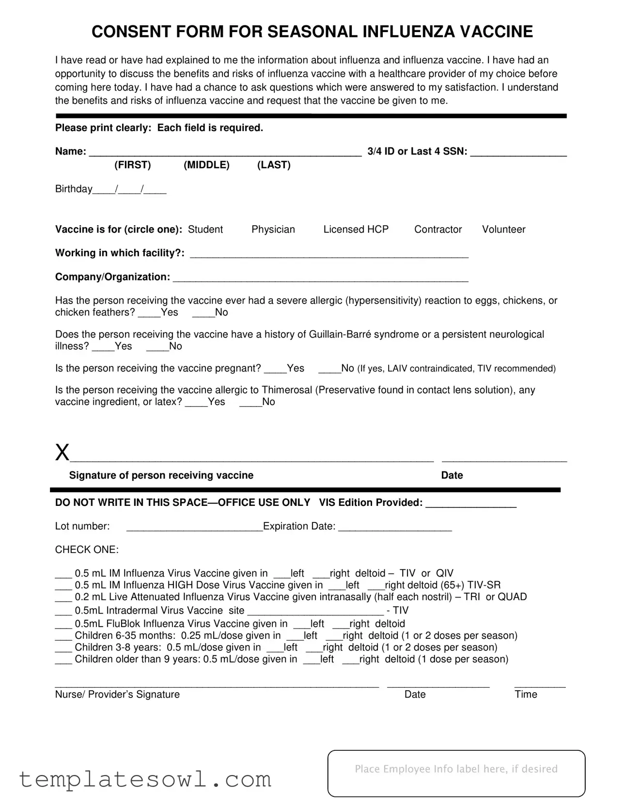 Fill Out Your Seasonal Influenza Vaccine Form
