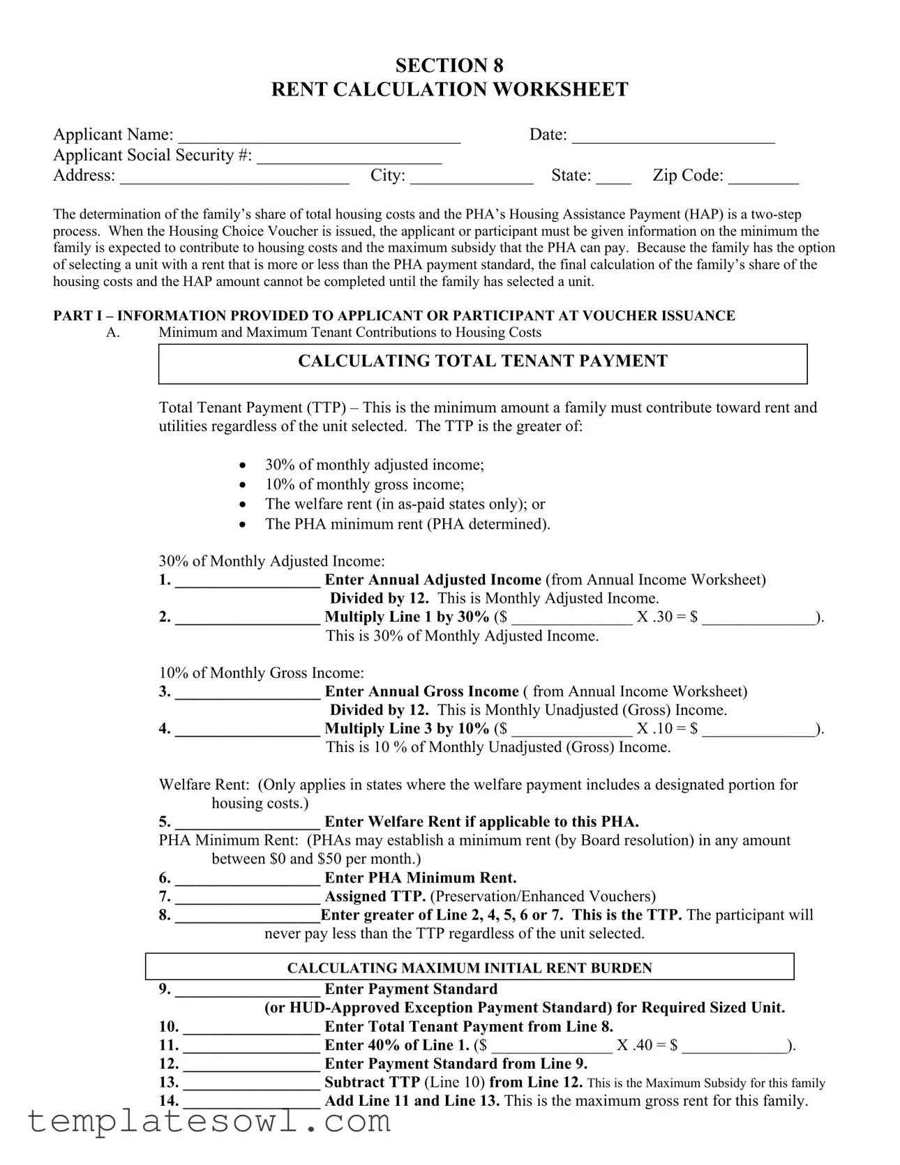 Fill Out Your Section 8 Rent Calculation Worksheet Form