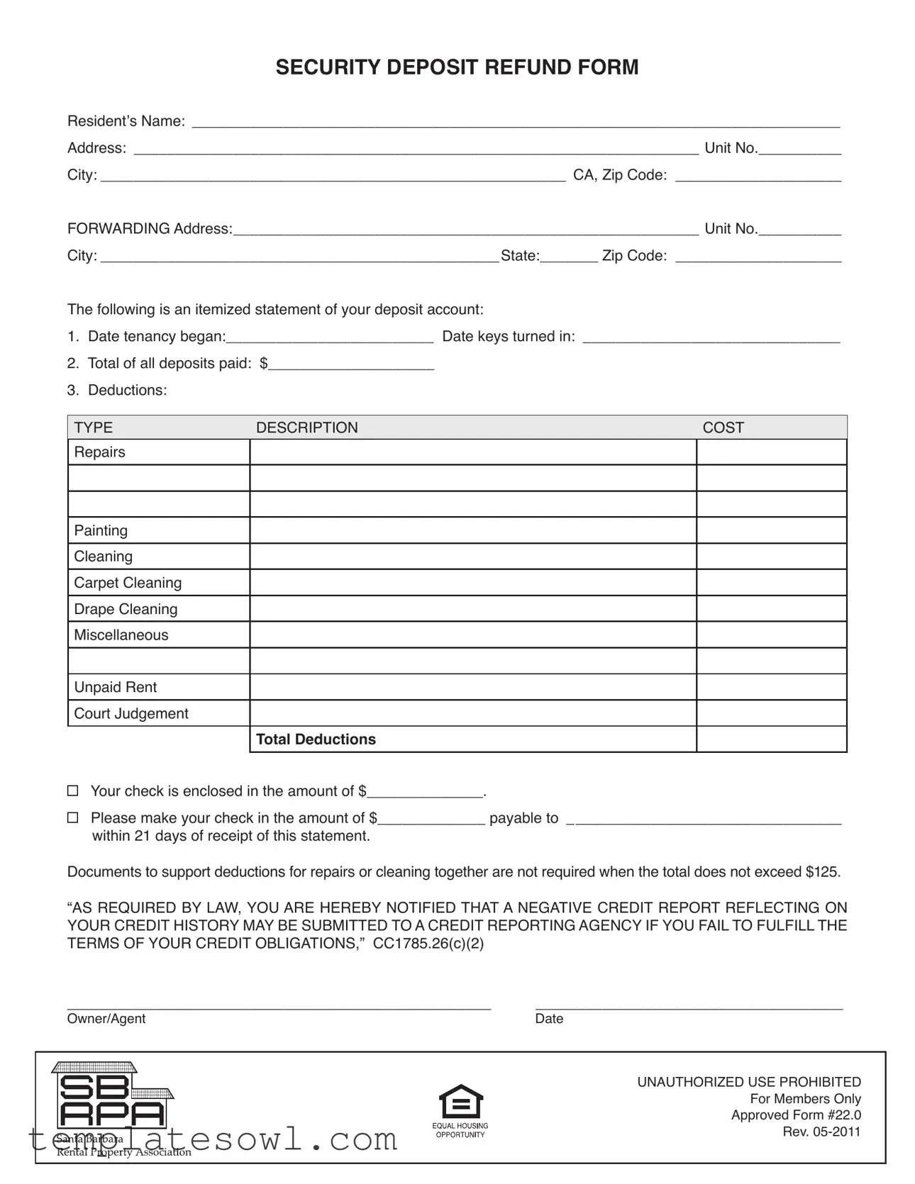 Fill Out Your Security Deposit Deductions Form