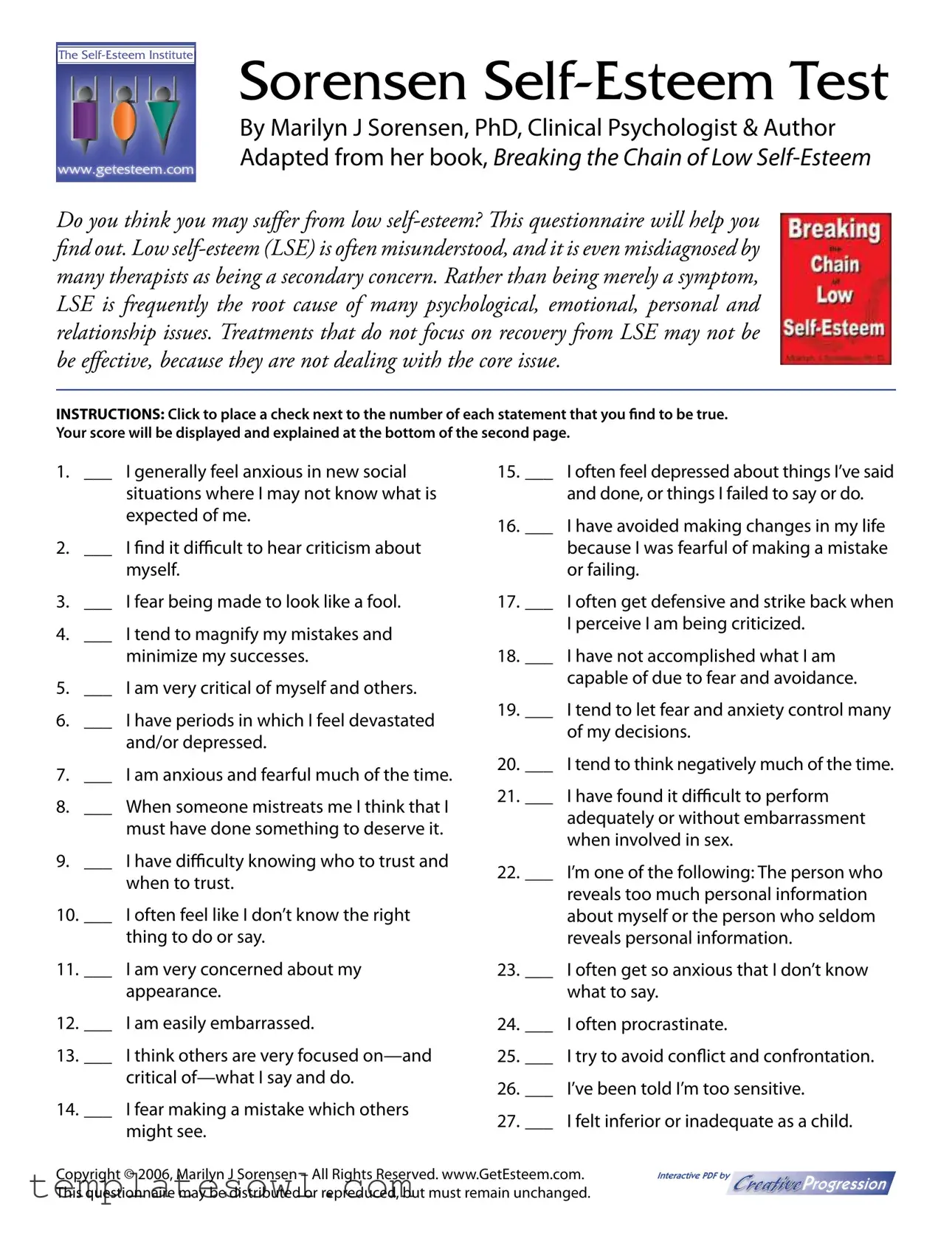 Fill Out Your Self Esteem Test Form