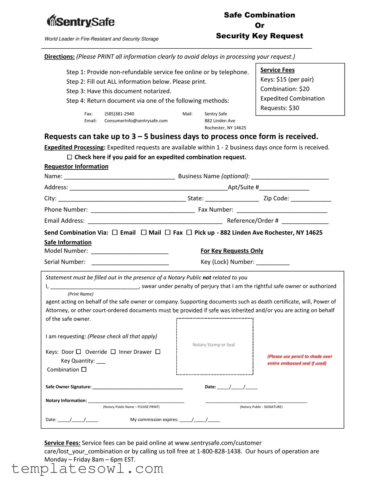 Fill Out Your Sentry Lost Combination Form