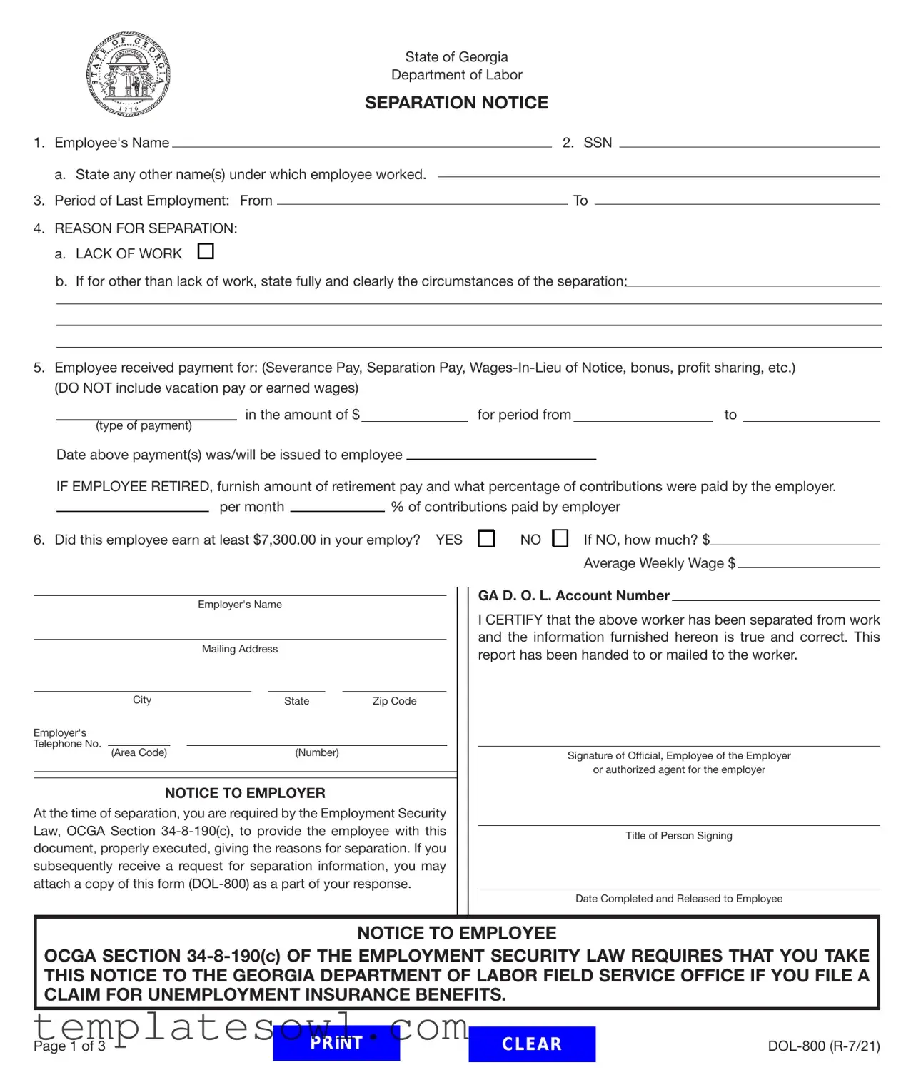 Fill Out Your Separation Notice For Ga Form