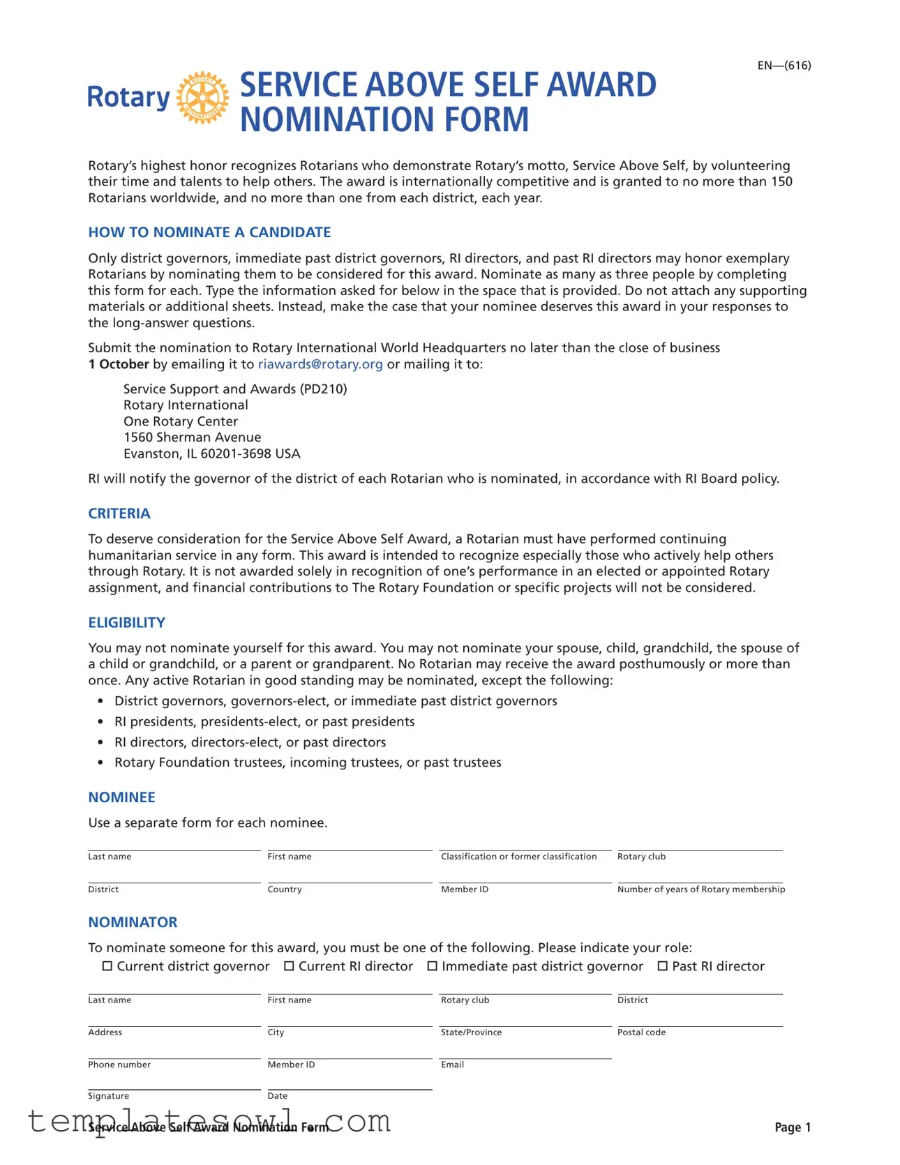 Fill Out Your Service Above Self Award Form