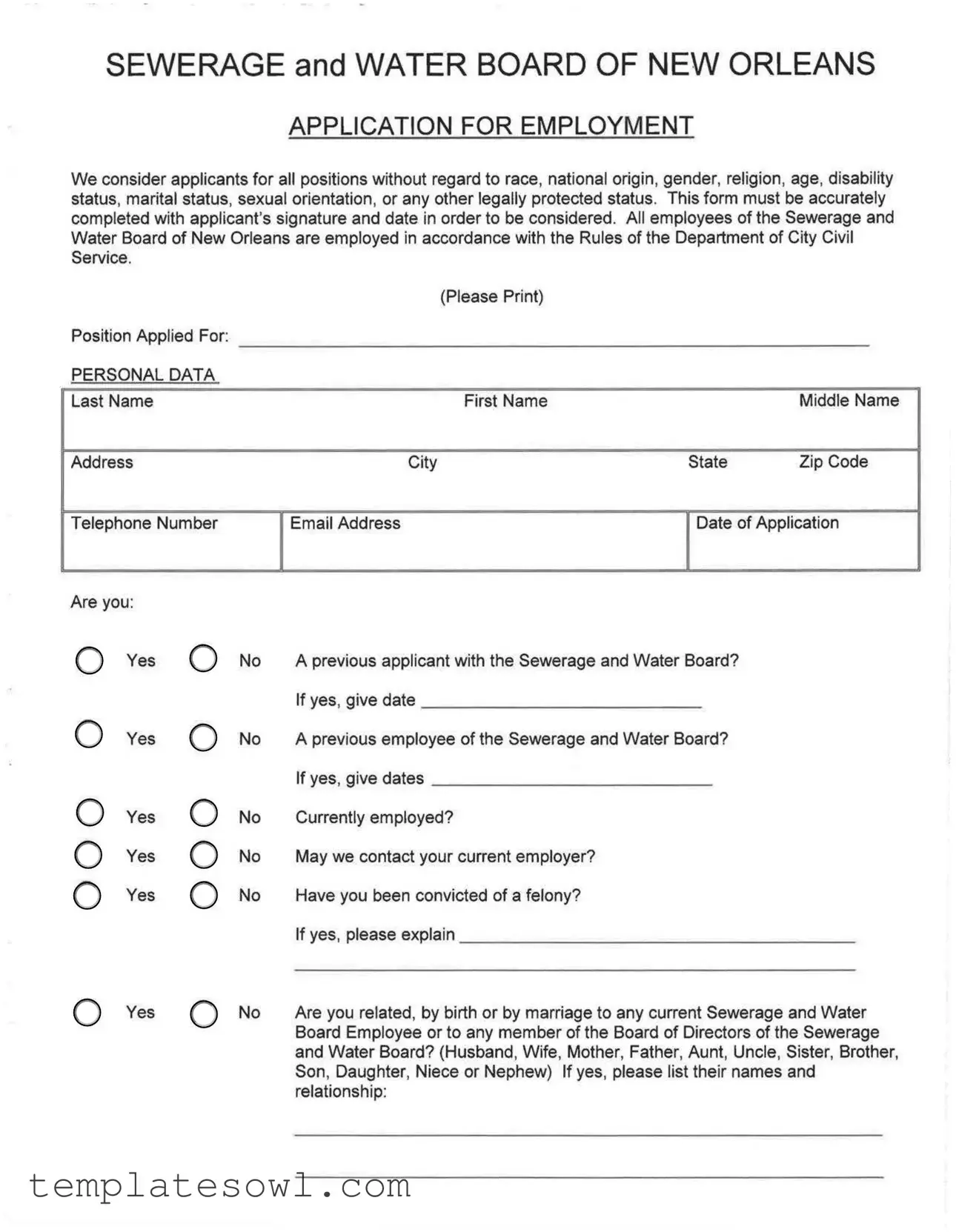 Fill Out Your Sewerage Water Board Application Form