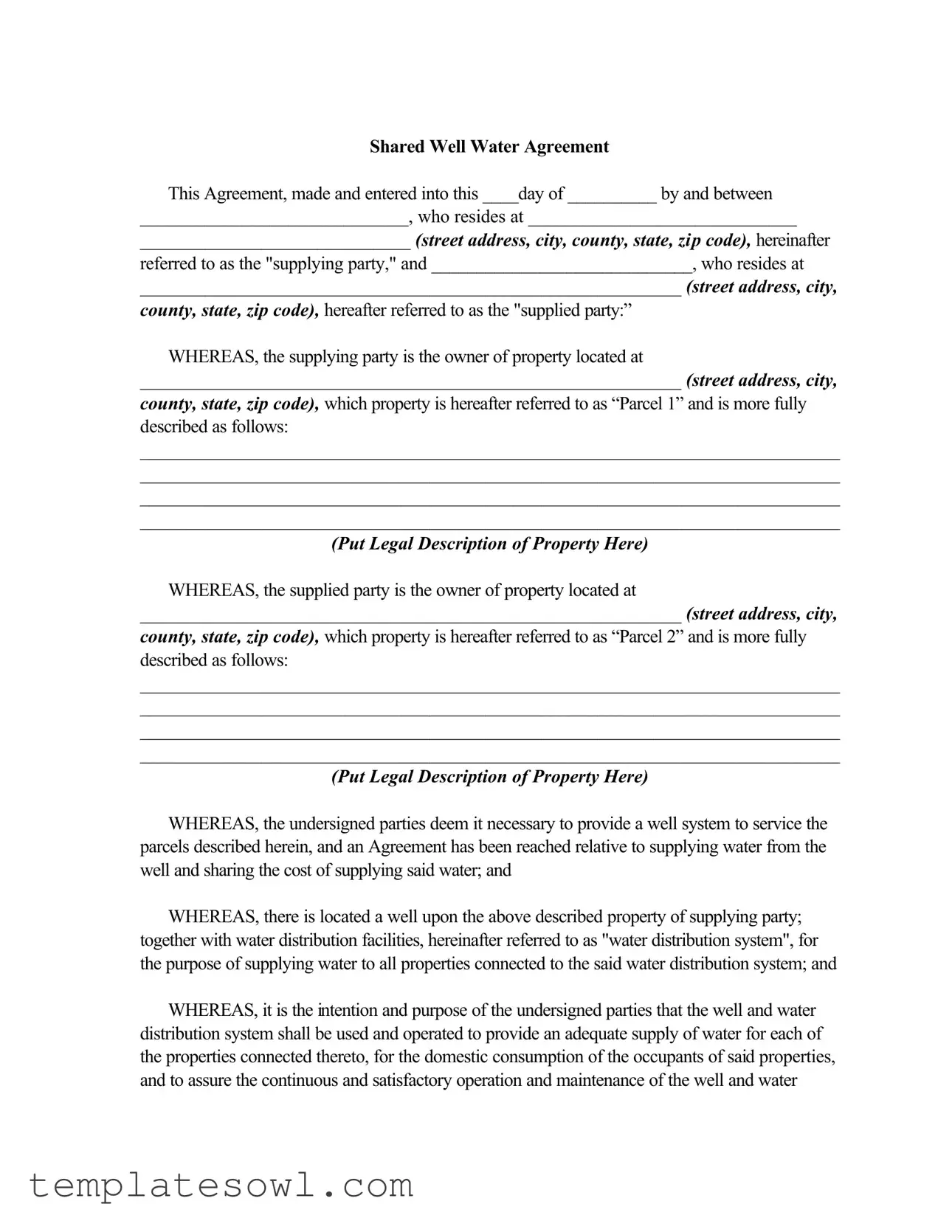 Fill Out Your Shared Well Agreement Form