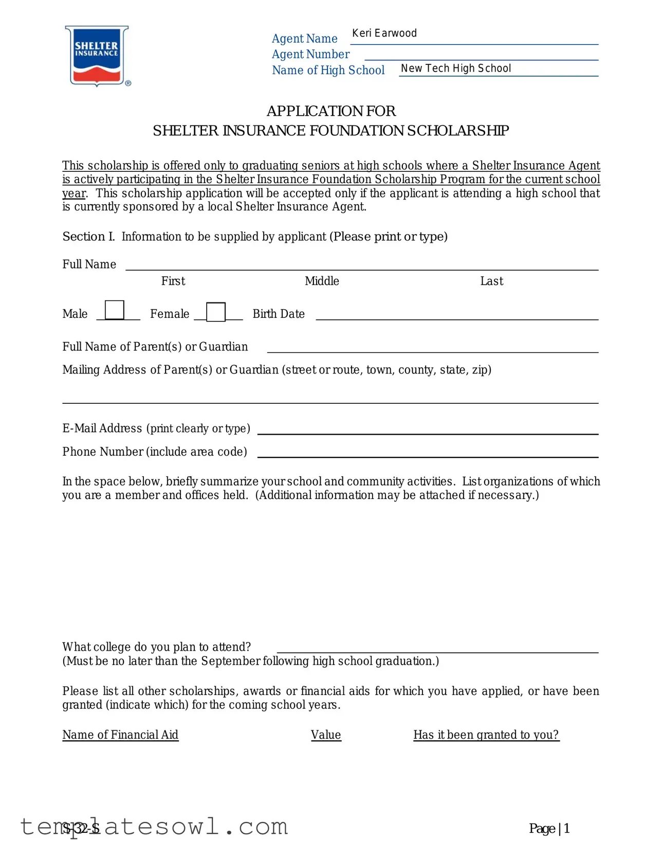 Fill Out Your Shelter Insurance Scholarship S 32 S Form