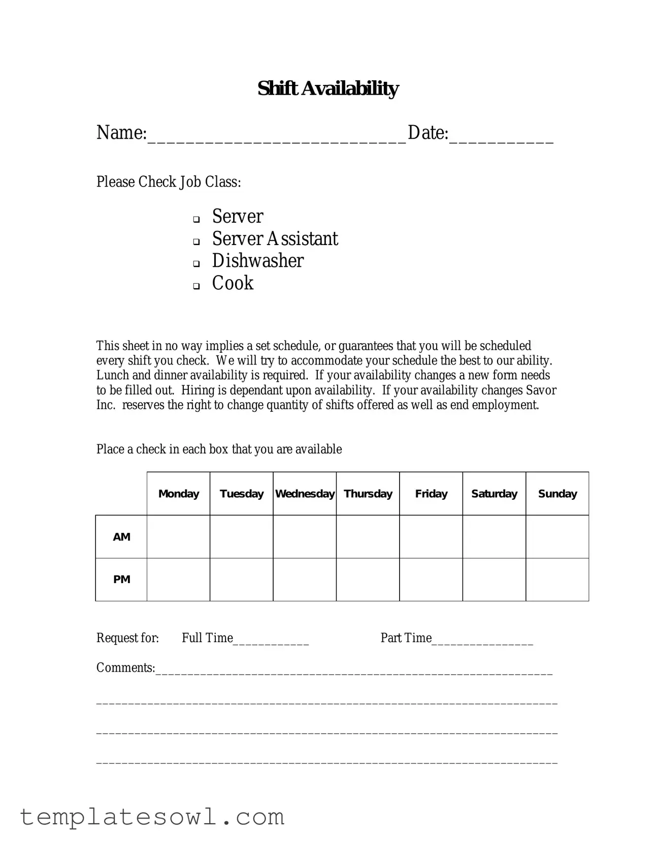 Fill Out Your Shift Availability Form