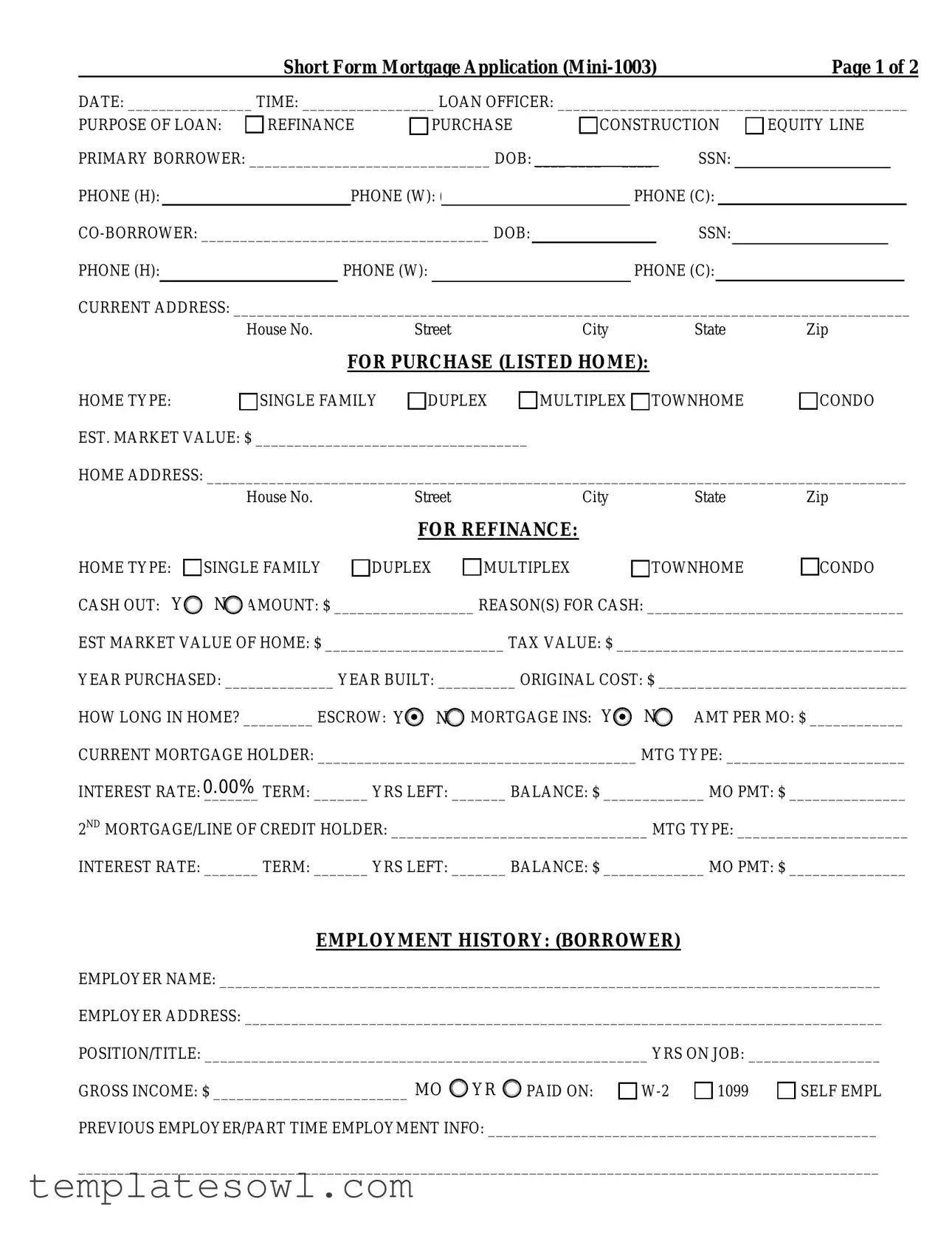 Fill Out Your Short Mortgage Application Form