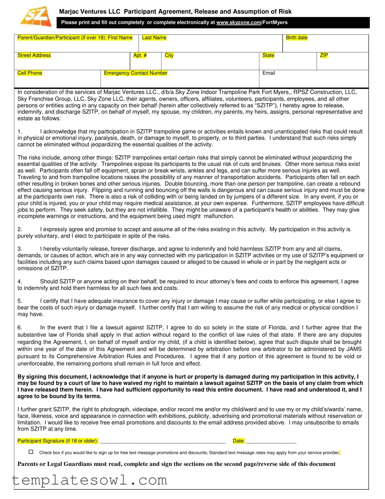 Fill Out Your Sky Zone Fort Myers Form