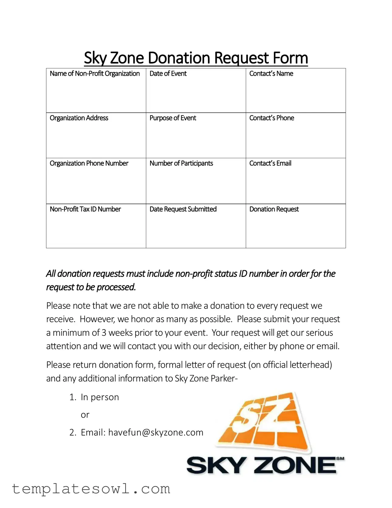 Fill Out Your Skyzone Donation Request Form